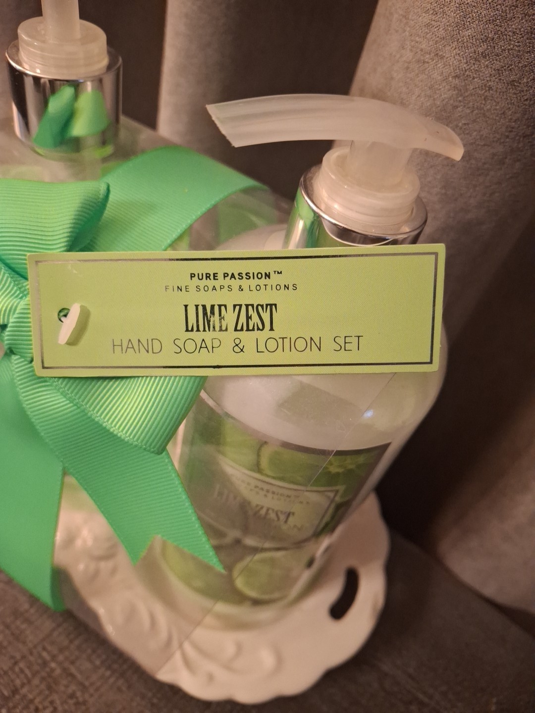 New LIME ZEST 16.9oz ea Hand Soap & Lotion With White Porceline Tray