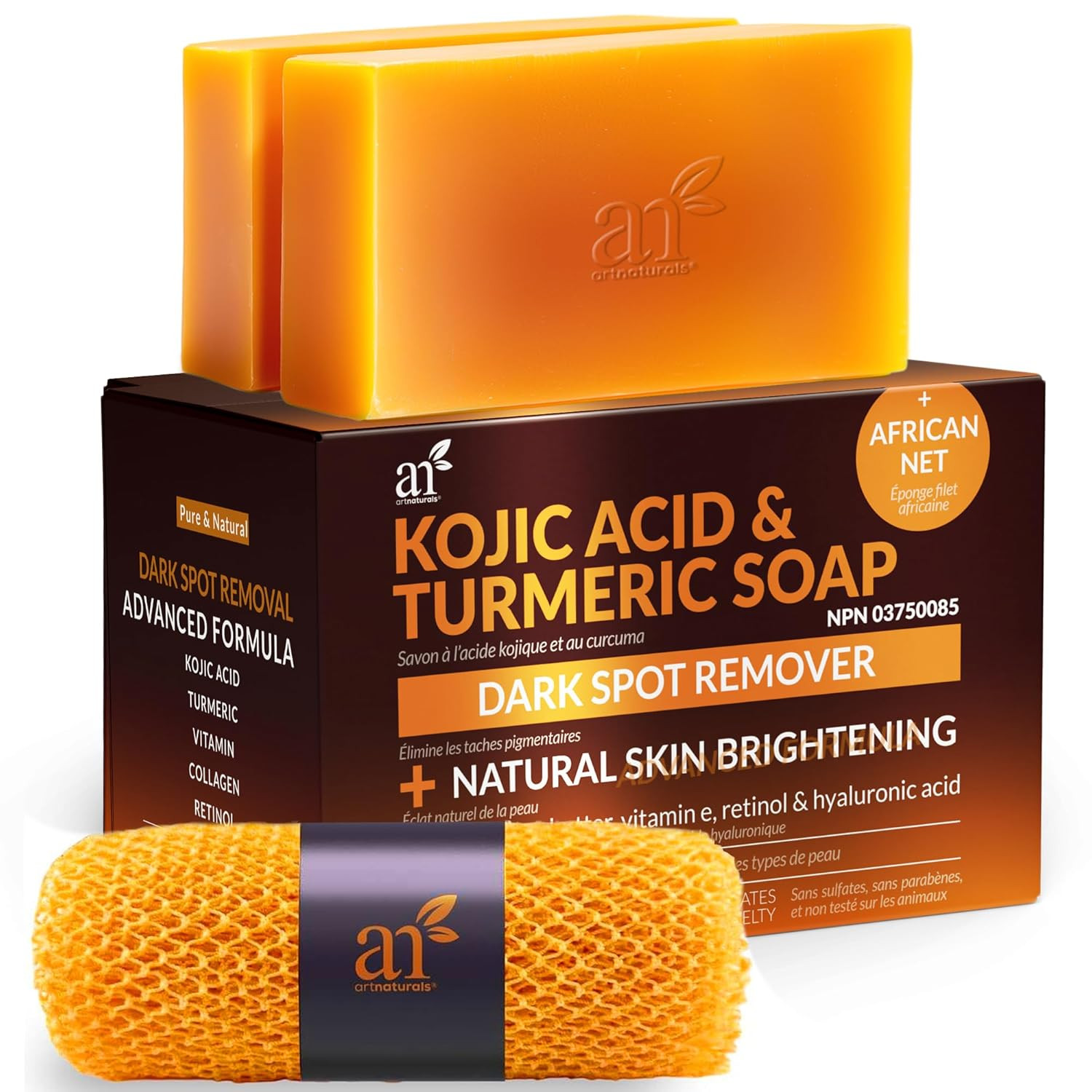 Kojic Acid Soap + African Net Sponge (2 Pack X 142G Turmeric Bars) Dark Spot Rem