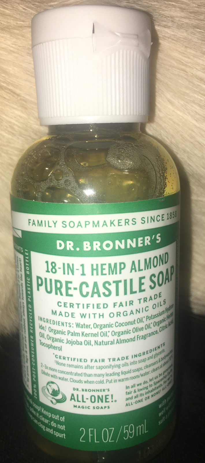 Dr Bronner 18 in 1 Hemp Almond Pure Castile Soap Organic Oil 2 Fl Oz Bottle FULL