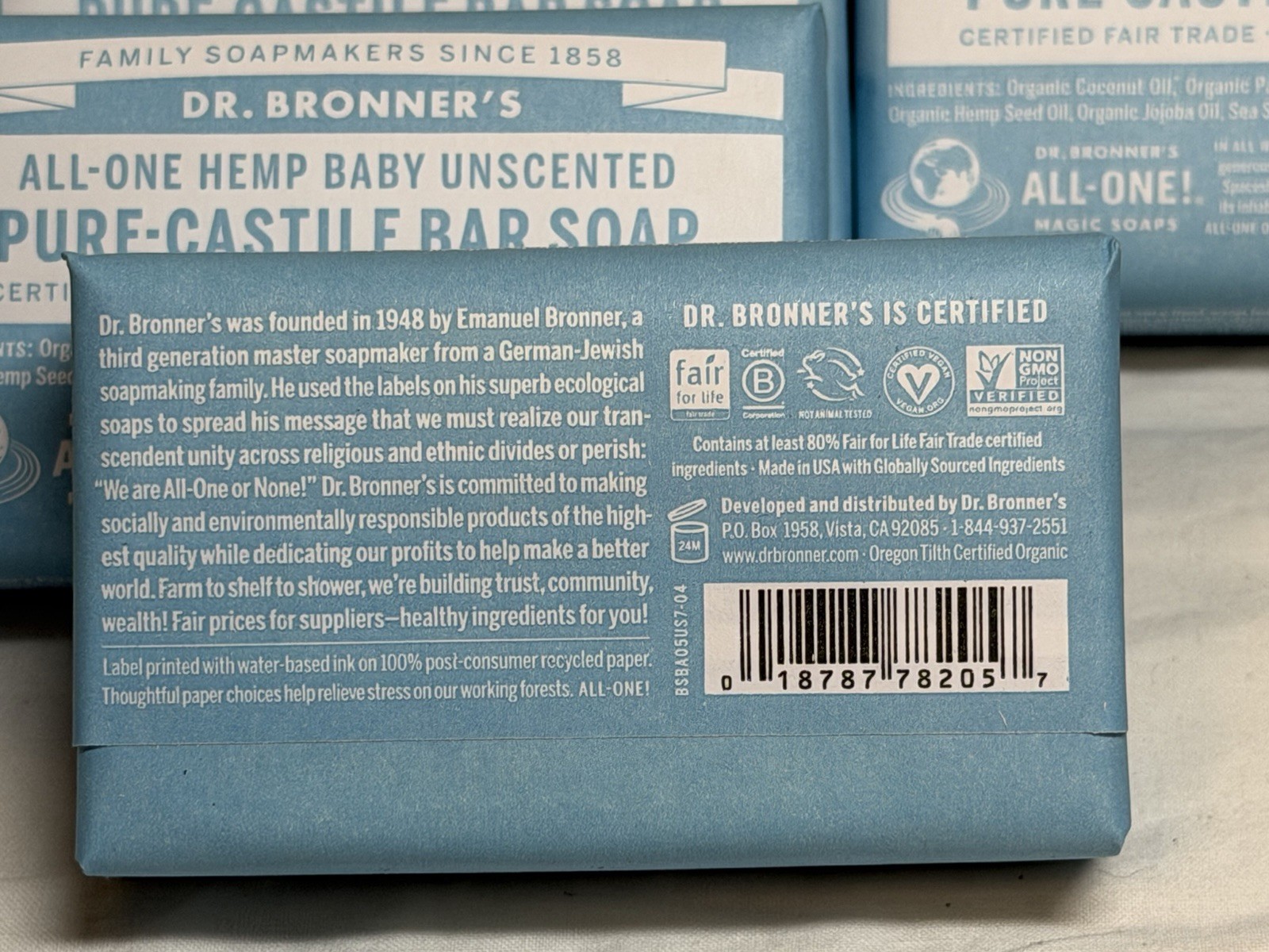 Dr. Bronner’s All-One Pure-Castile BABY UNSCENTED Soap 8 EIGHT 5 oz Bars