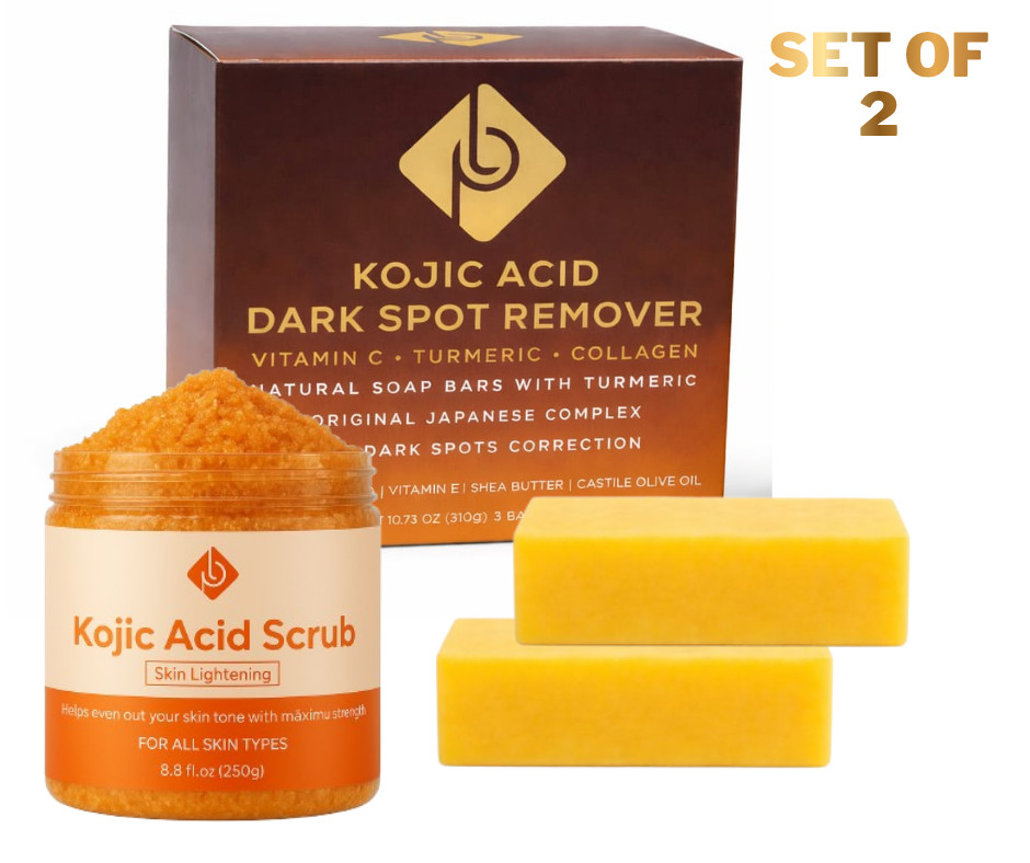 Kojic Acid Dark Spot Remover Soap Bars and Scrub Set of 2 bars + scrub 8.8 oz