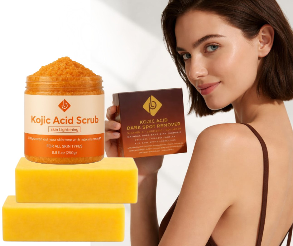 Kojic Acid Dark Spot Remover Soap Bars and Scrub Set of 2 bars + scrub 8.8 oz