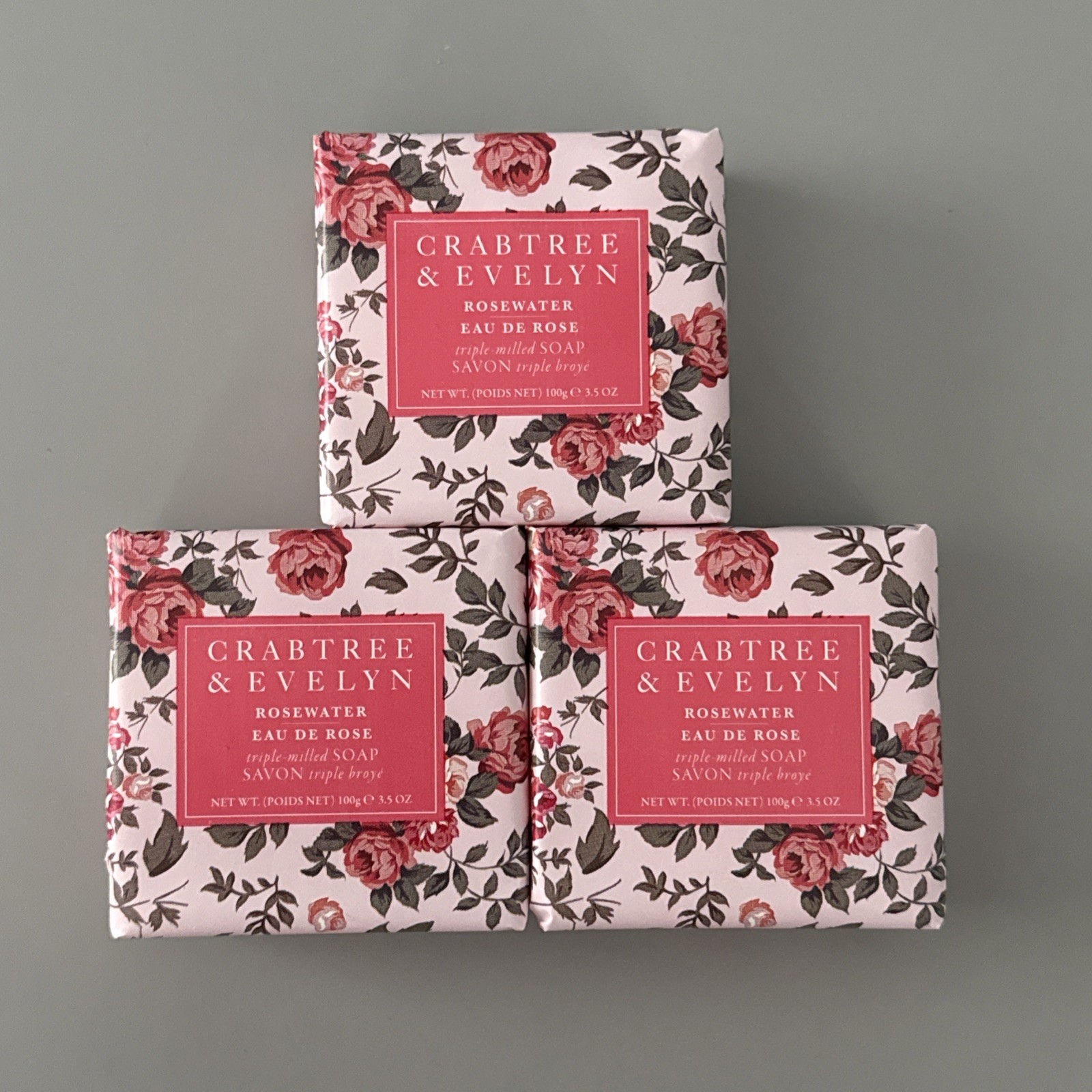 Crabtree & Evelyn ROSEWATER Triple Milled Soap Bar Set of 3 – 3x 3.5oz