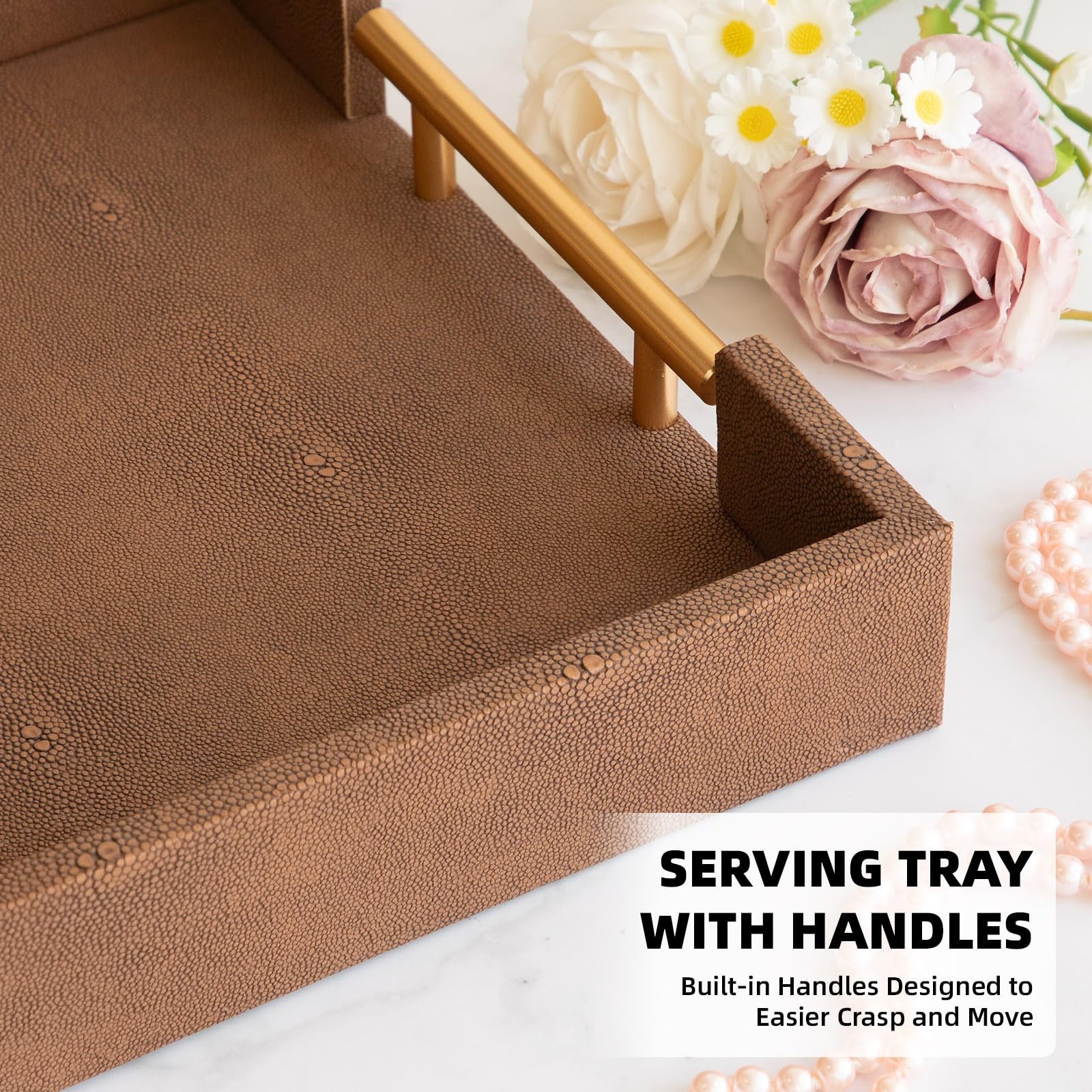 UPPER DECOR Set of 2 Decorative Tray Brown Shagreen Leather Tray, Modern Rectang
