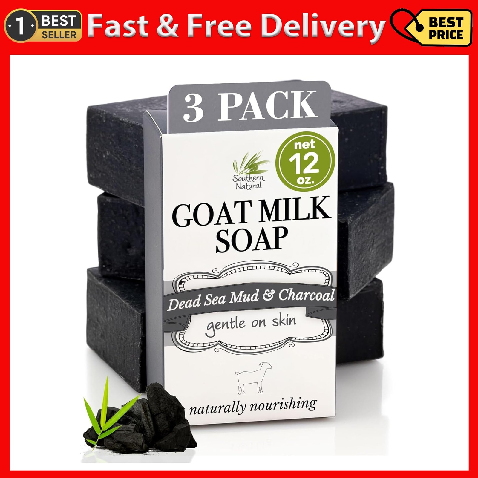 Southern Natural Activated Charcoal Soap Bar (3 Pack) Face and Body Soap for Sen