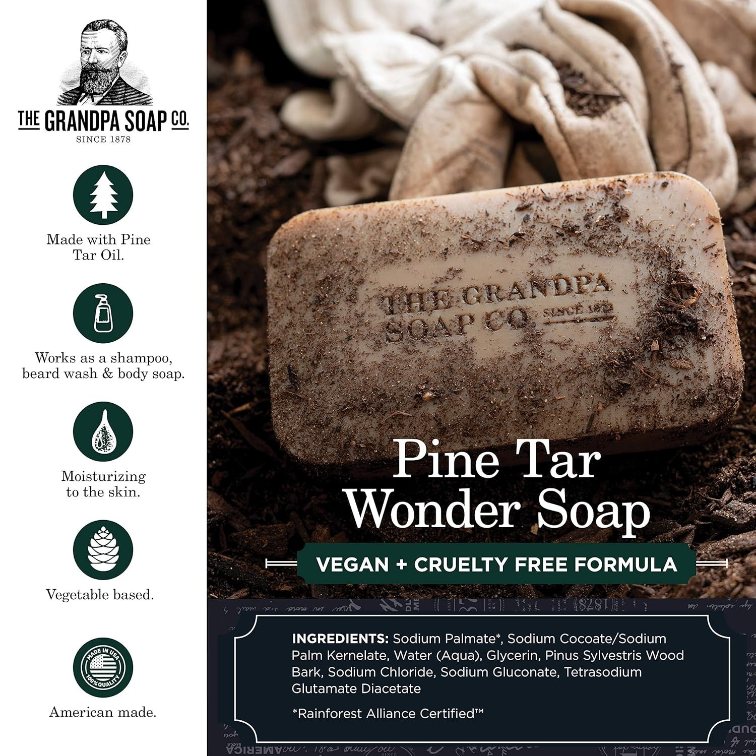 Pine Tar Bar Soap – 3-in-1 Natural Cleanser, Deodorizer & Moisturizer – 4.25 Oz