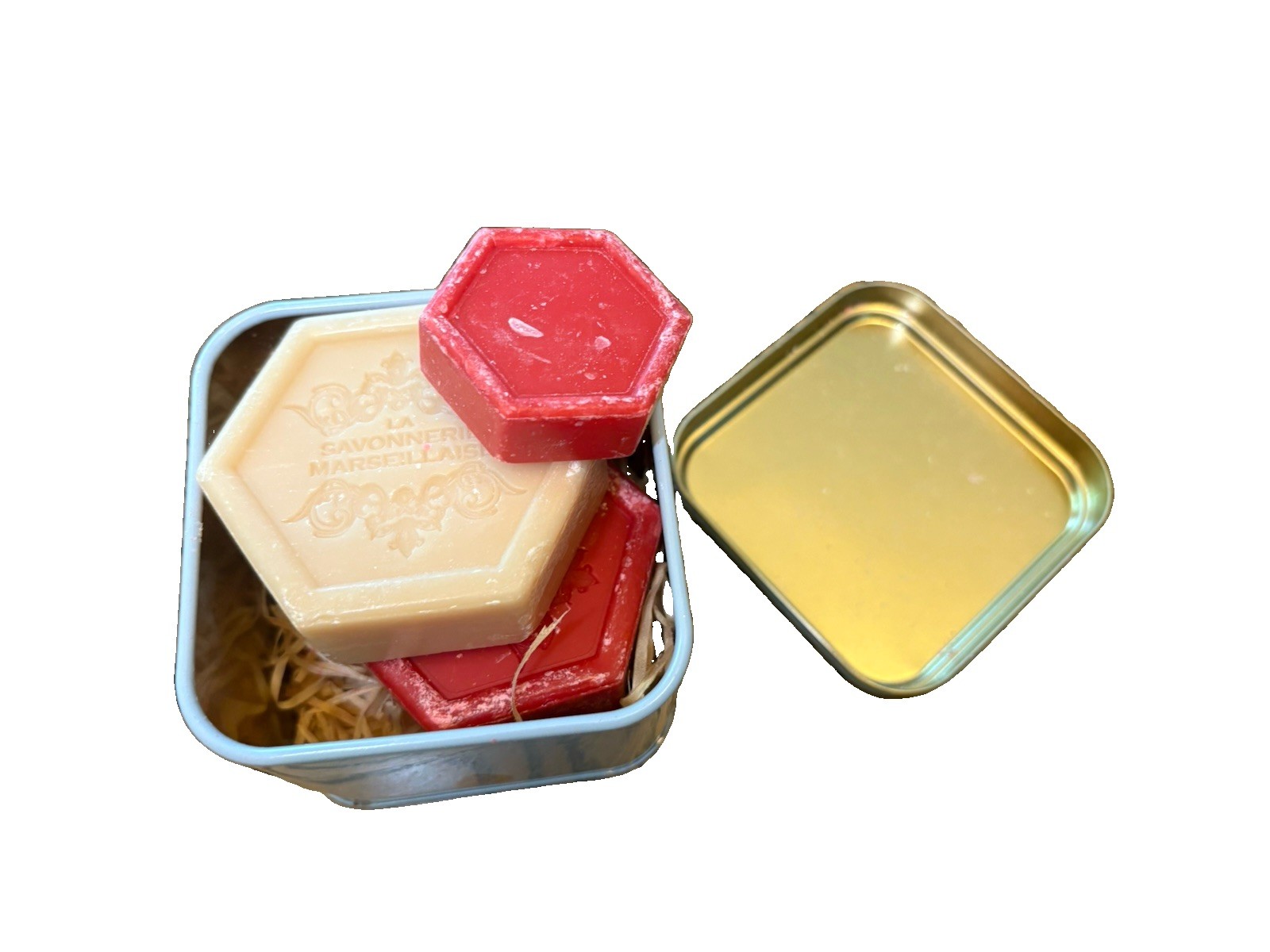 NWT French Soap! La Savonnerie Marseillaise Set Of 2 And 1 Mini Soap Bars & Tin