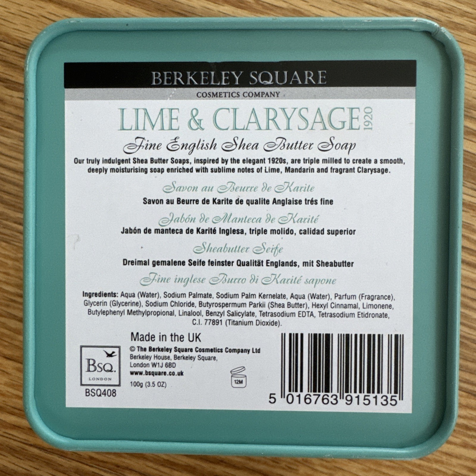 Berkeley Square Lime & Clarysage English Shea Butter Soap In Decorative Tin NEW