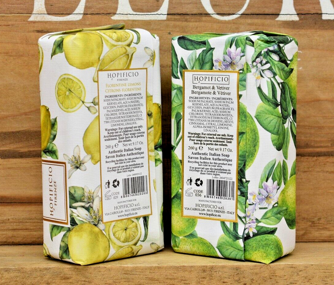1 Set of 2 HOPIFICIO Triple Milled Soap Bars Florentine Lemon & Bergamot Vetiver