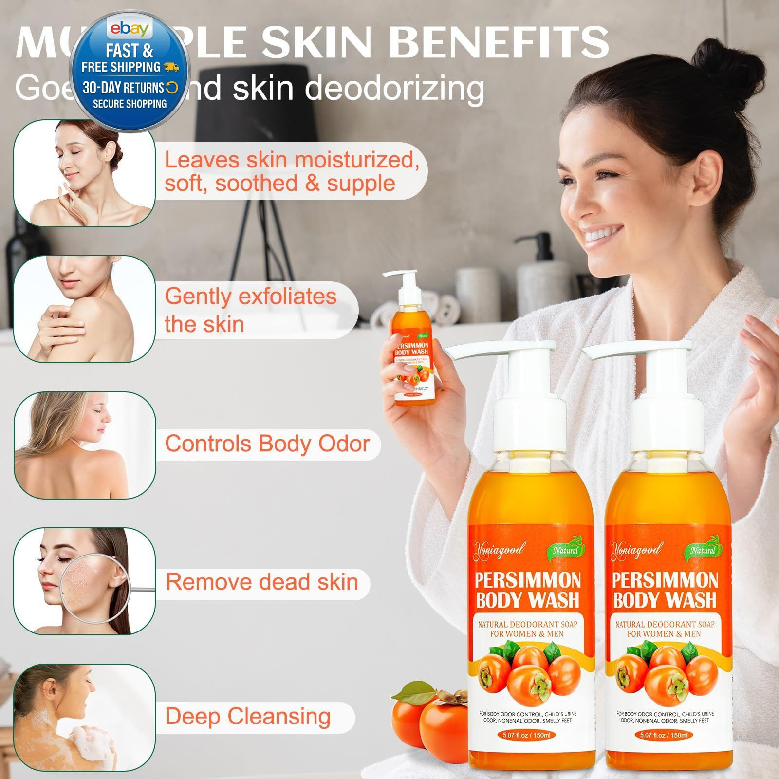 2 PCS Persimmon Body Wash for Strong Odor 5.07 Fl Oz (Pack of 2)