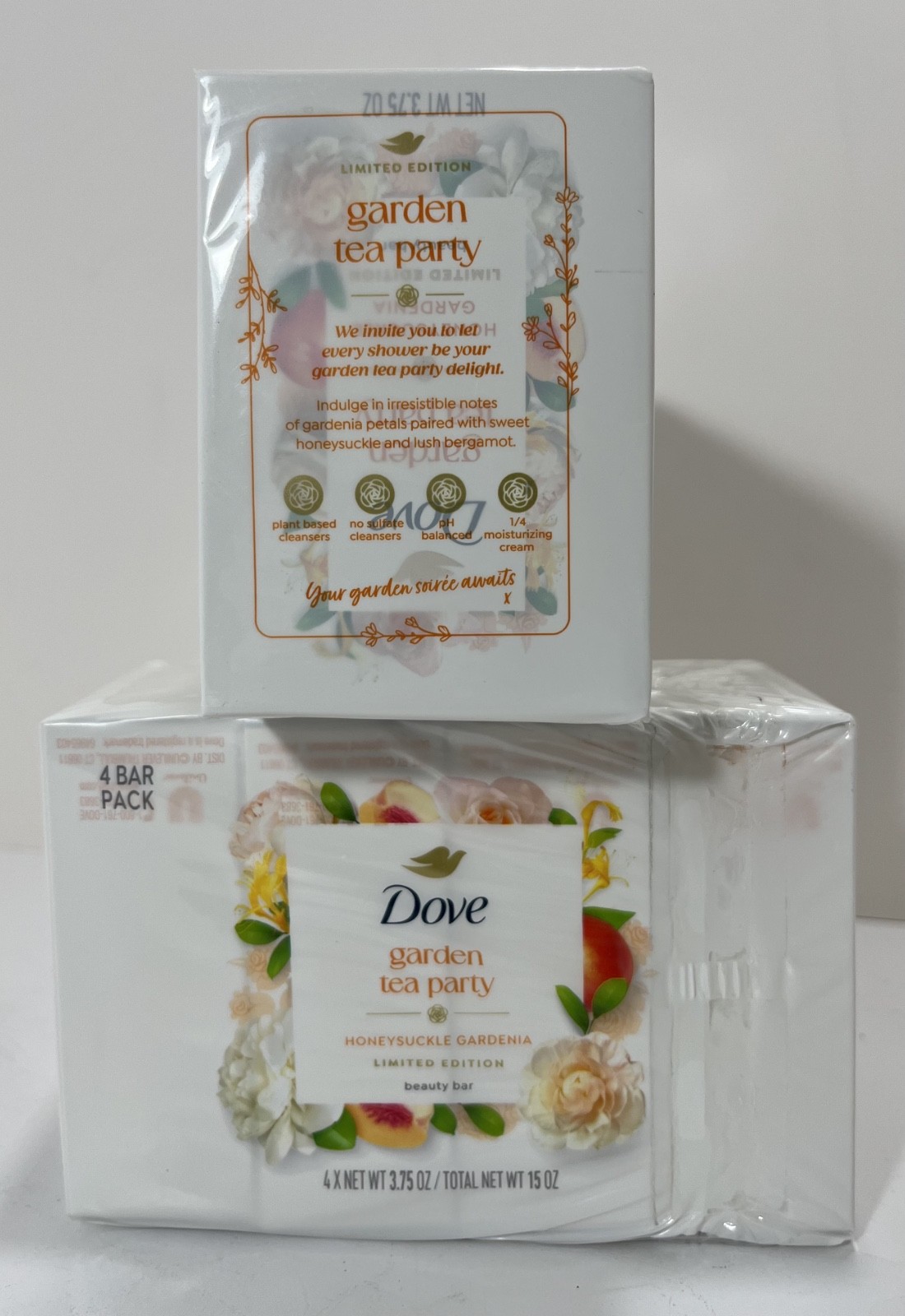 (2) Dove GARDEN TEA PARTY Bar Soap HONEYSUCKLE GARDENIA 8 Bars Total – NEW