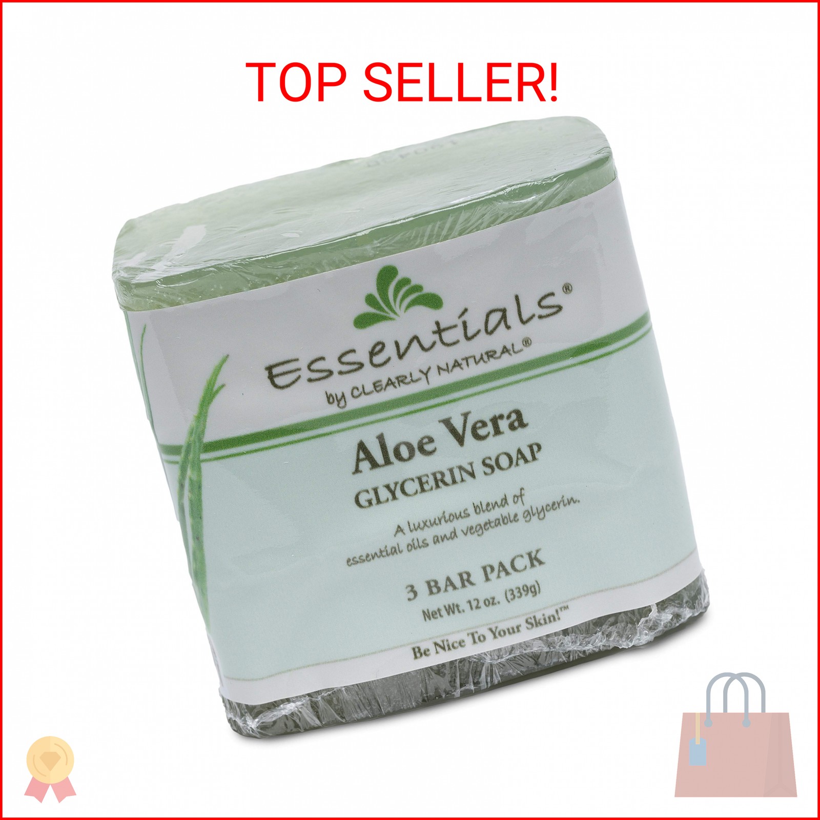 Clearly Natural Essentials Glycerine Bar Soap, Aloe Vera, 12 oz, 3 Count