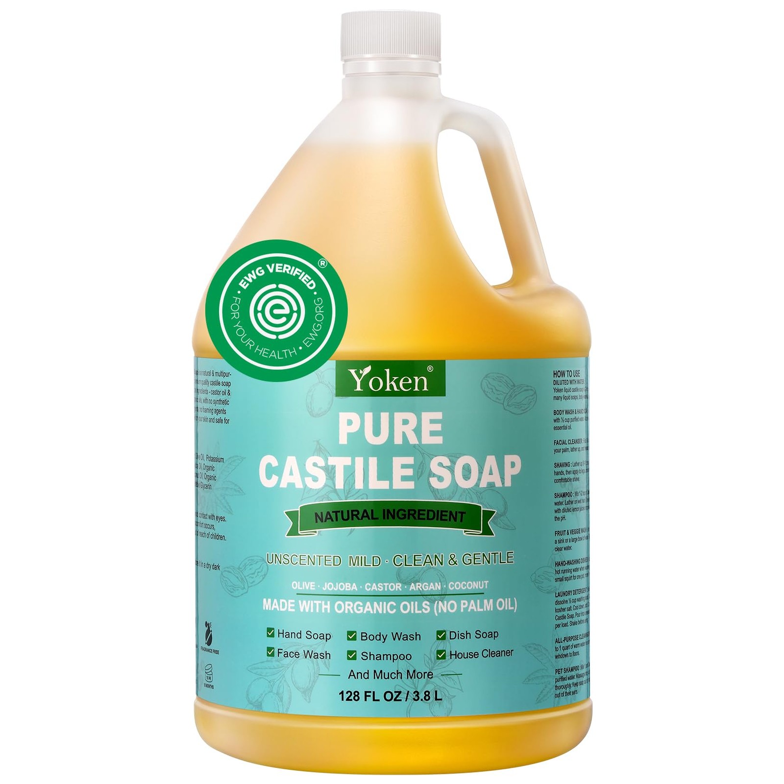 Yoken Castile Soap Liquid 1 Gallon Unscented EWG Verified Vegan Multi-Use