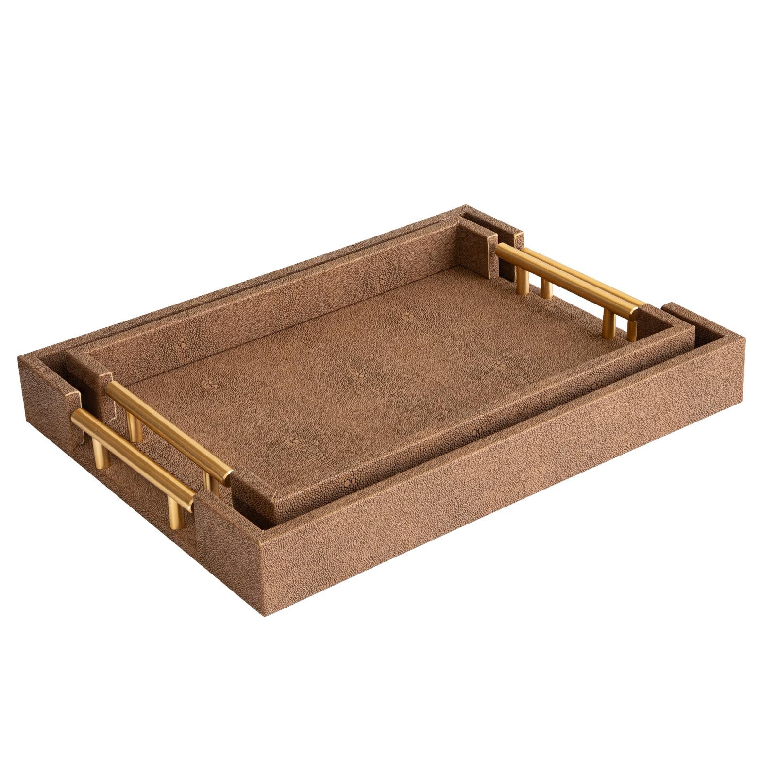 UPPER DECOR Set of 2 Decorative Tray Brown Shagreen Leather Tray, Modern Rectang