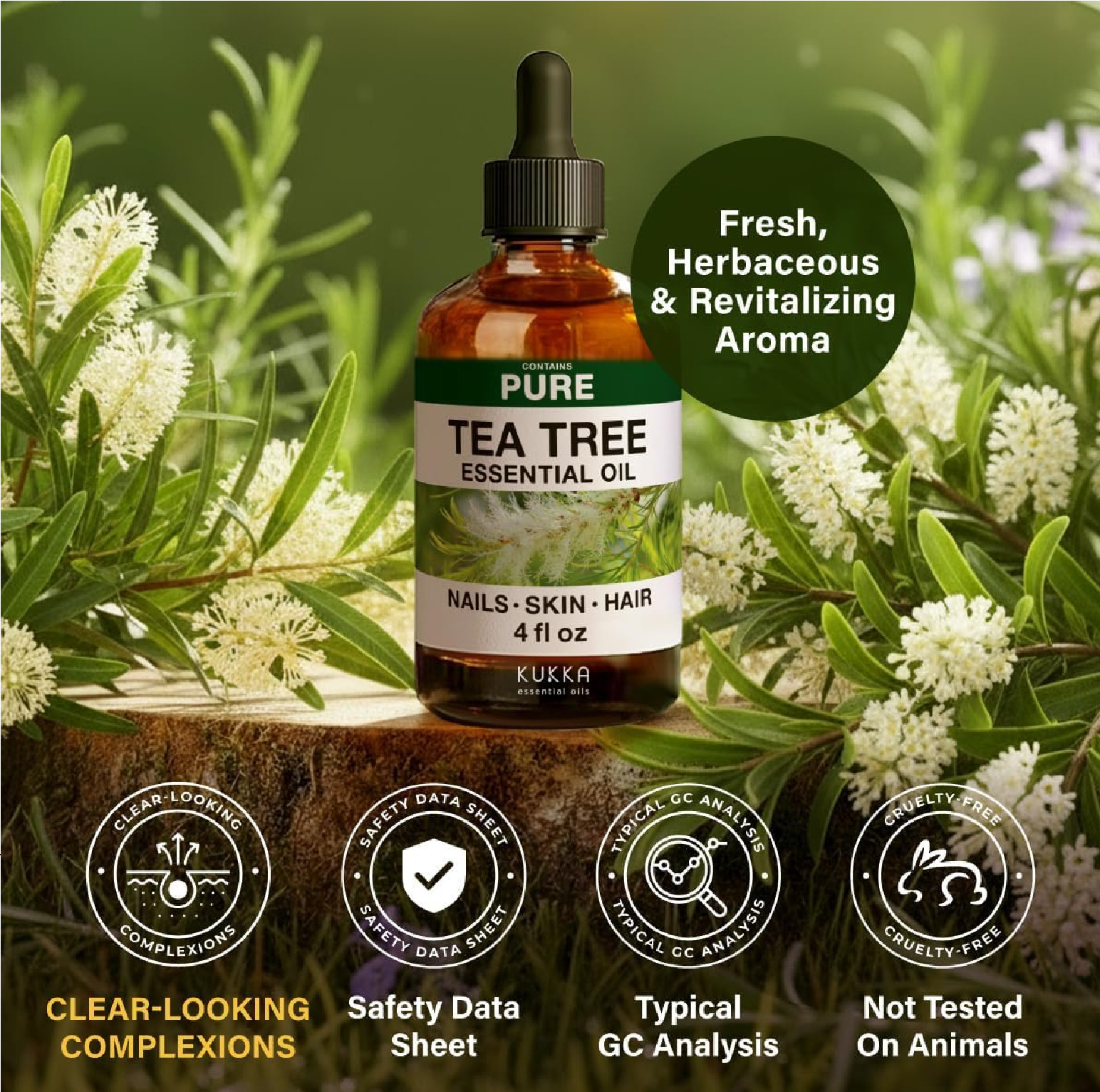 KUKKA Tea Tree Essential Oils – 4 Fl Oz – for Hair, Skin, Diffuser, Aromatherapy