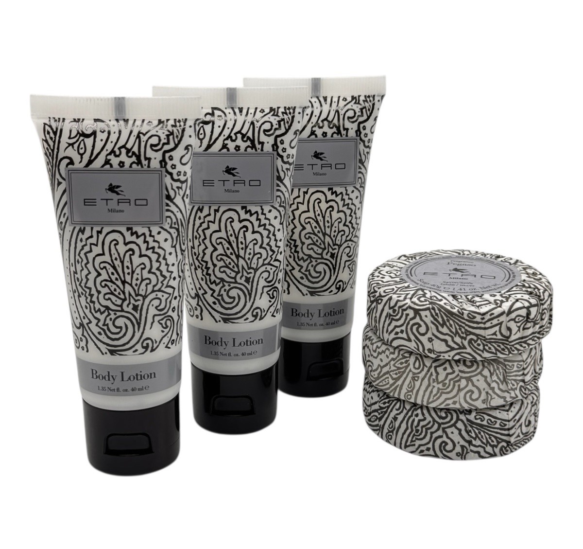 Set of 6 Etro Milano 40ml Body Lotion & Hotel Soap Bars Travel Size Toiletries