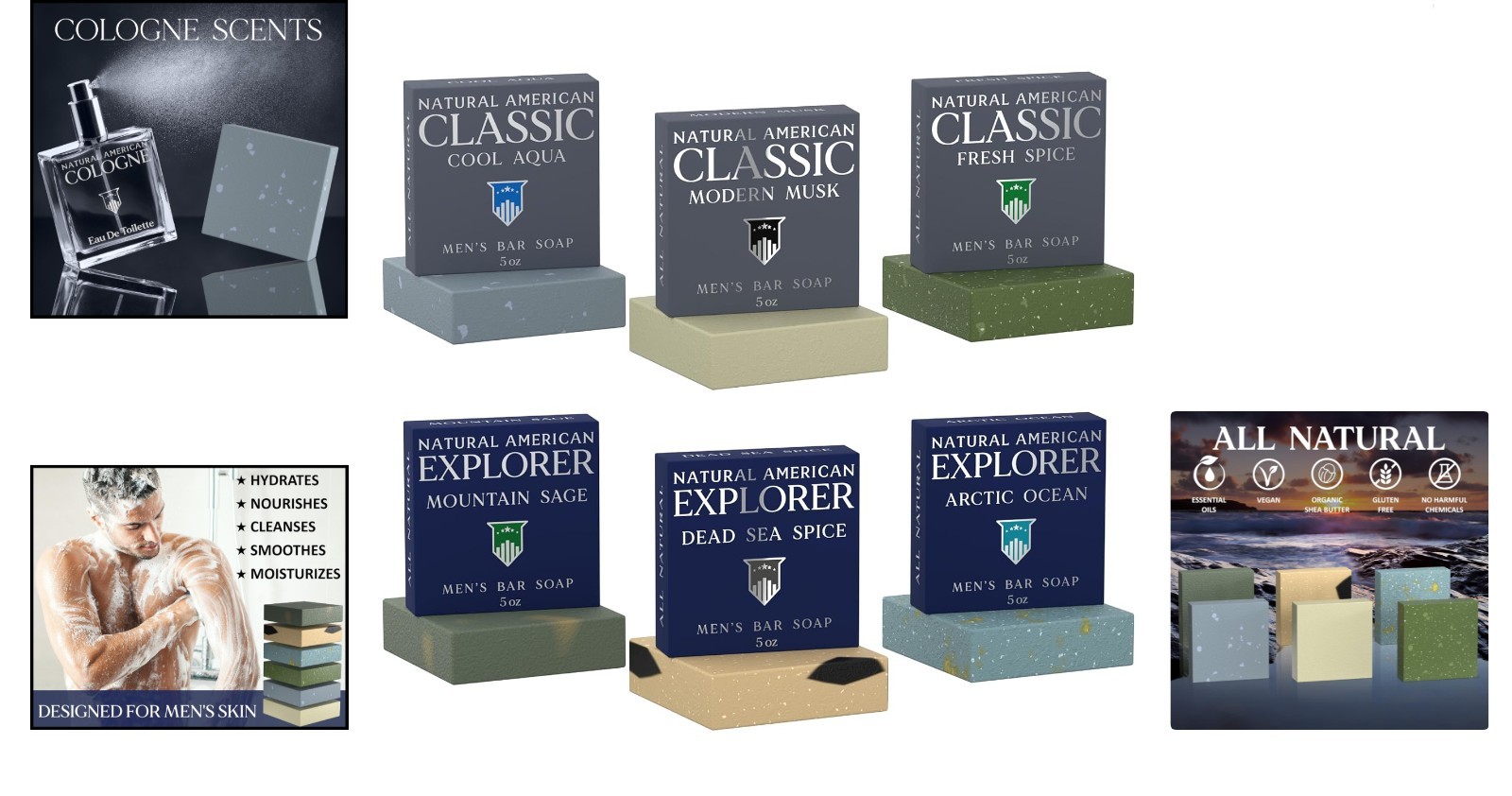 Men’s Cologne Collection Bar Soap – & Chemical-Free, Handmade, 6 x 5 oz