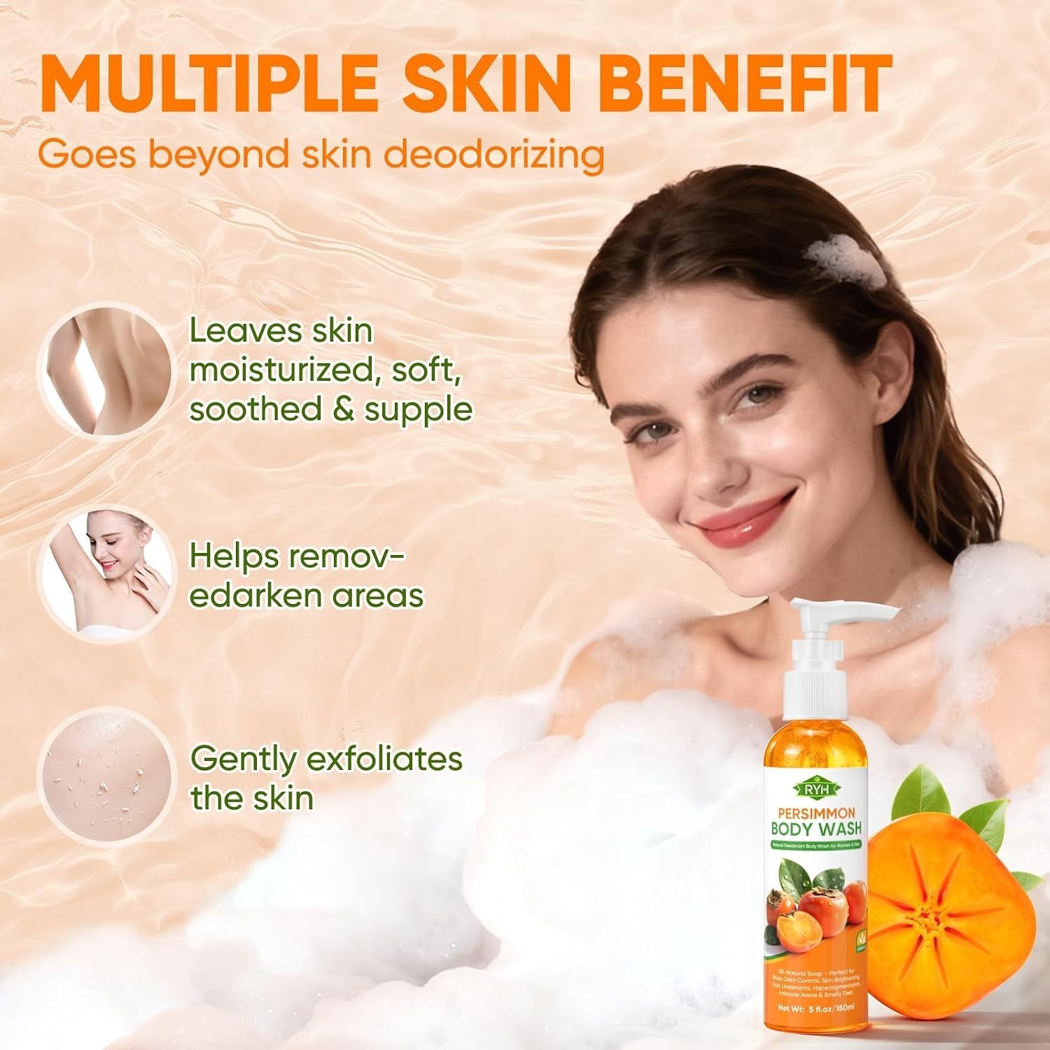 RYH Persimmon Body Wash for Body Odor Control – Natural Deodorant Soap for Elimi