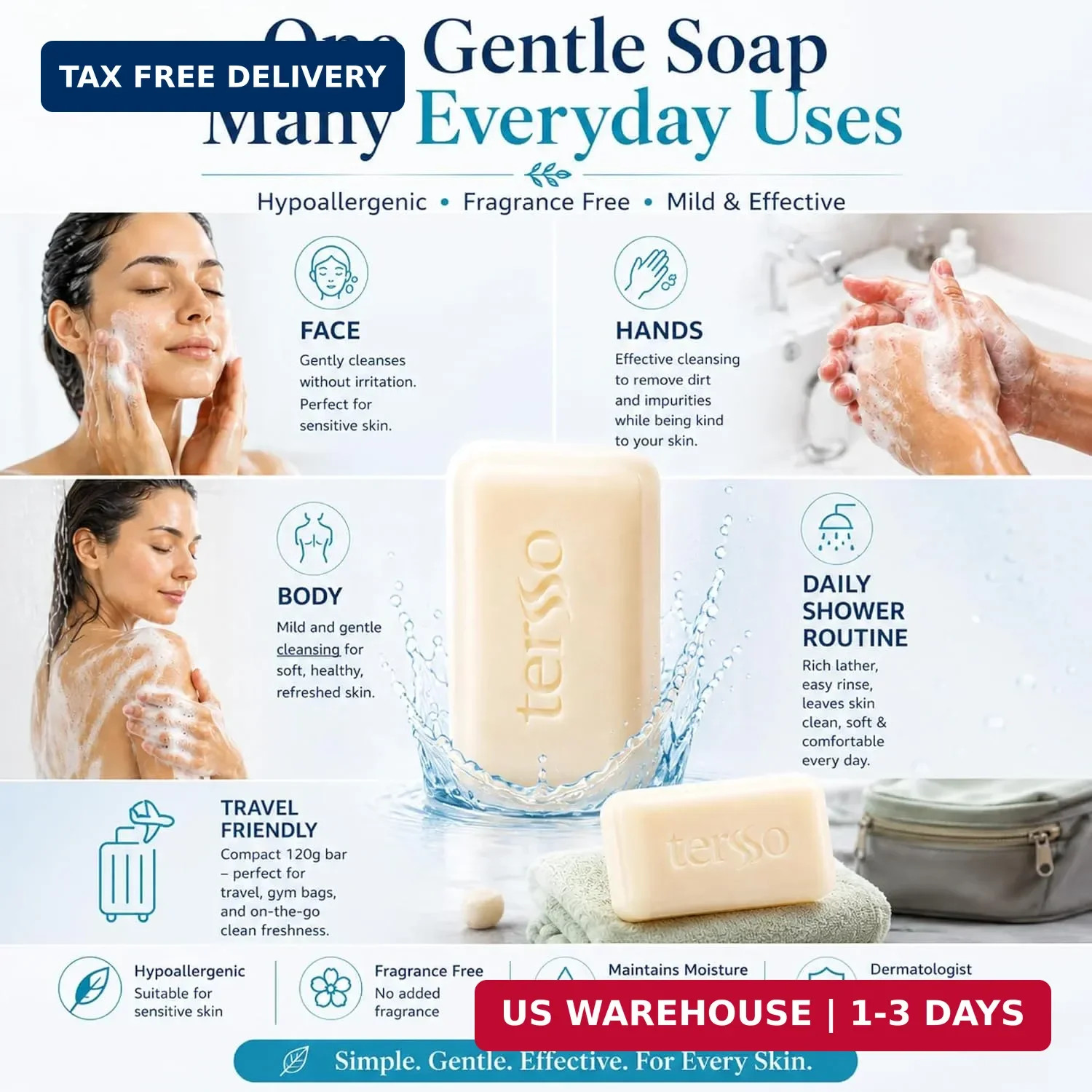 Tersso Hypoallergenic Neutral Soap Bar 120 g 3 Pack for Sensitive Skin, Gentle F