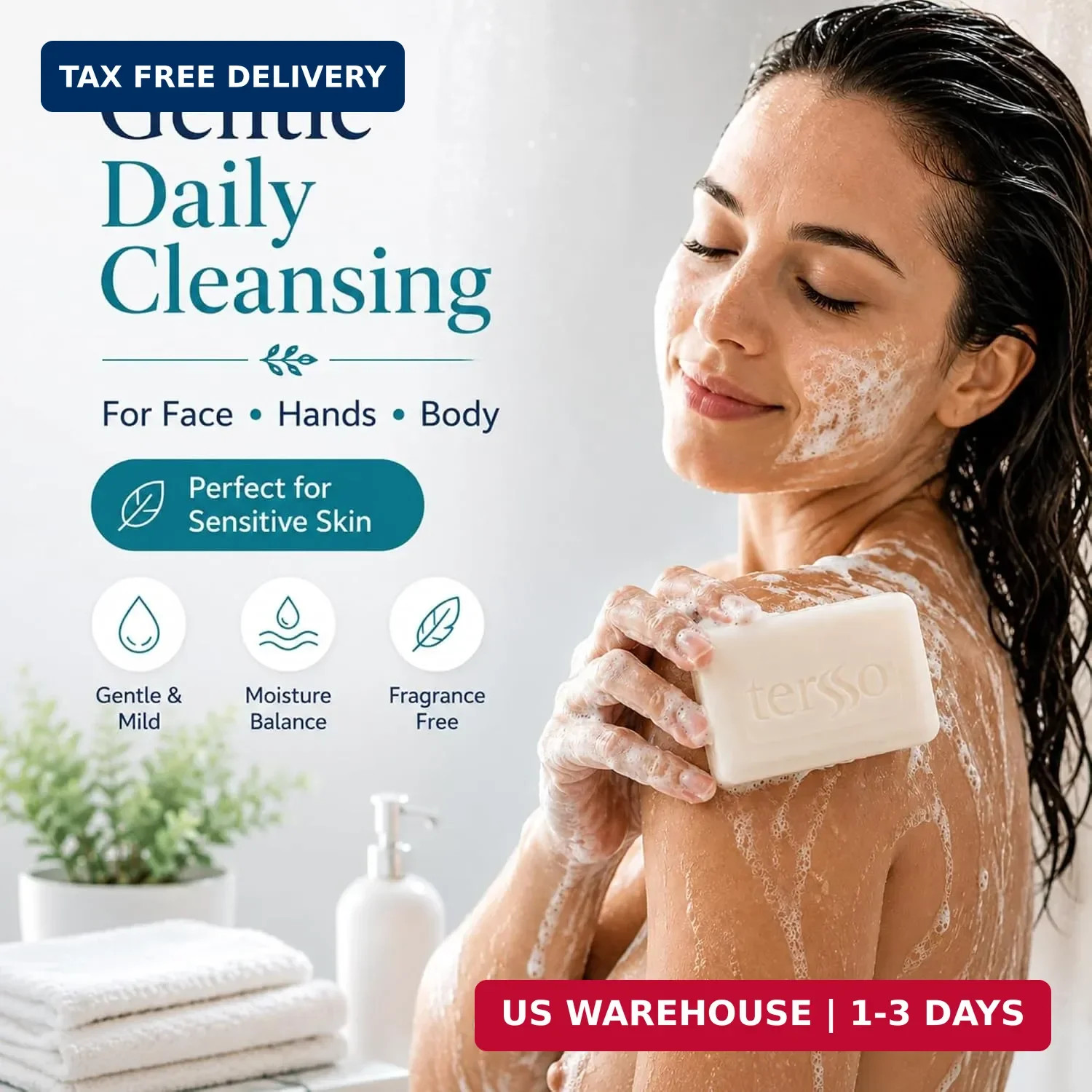 Tersso Hypoallergenic Neutral Soap Bar 120 g 3 Pack for Sensitive Skin, Gentle F