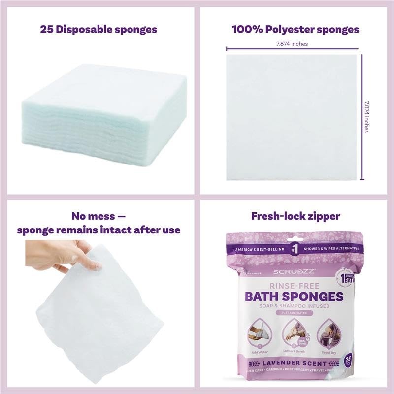 Lavender Rinse-Free Bath Sponge Wipes Water-Activated No Rinse Adult Washcloths