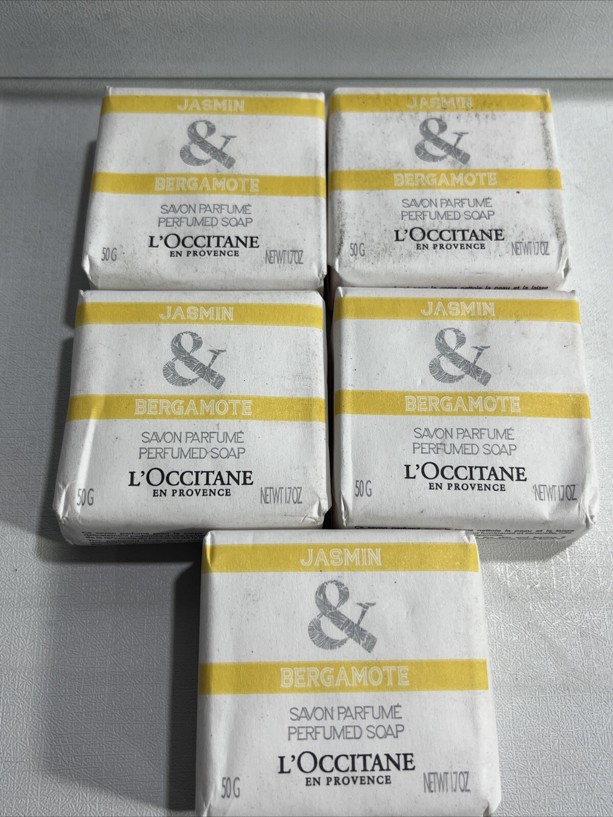 5 New Loccitane Jasmin & Bergamote Bar Soap, 1.7oz Each, Slightly Damaged Outer