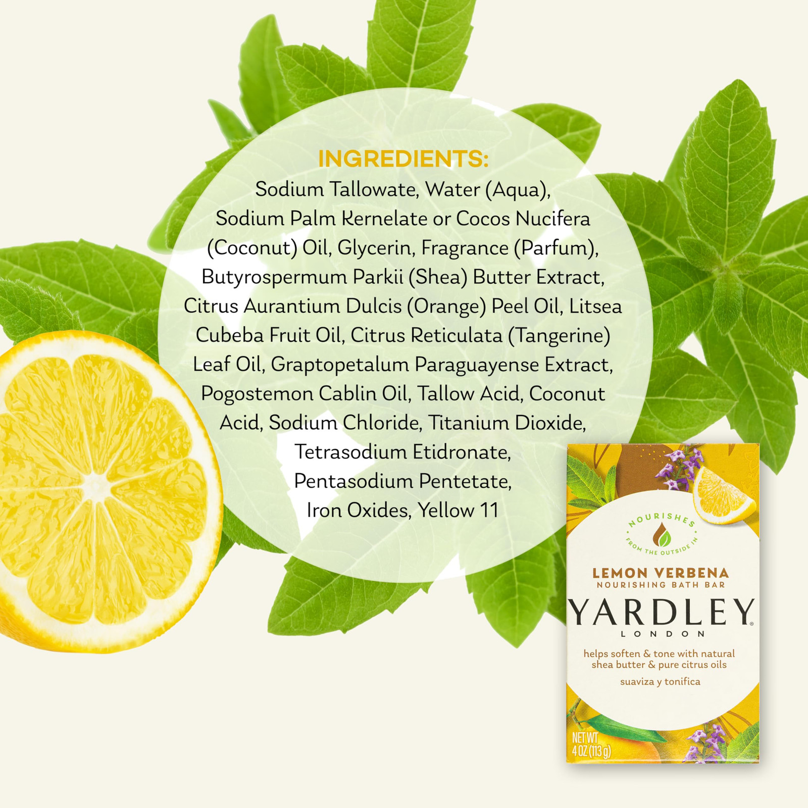 Yardley London Lemon Verbena Moisturizing Soap Bar with Shea Butter 4.25 oz