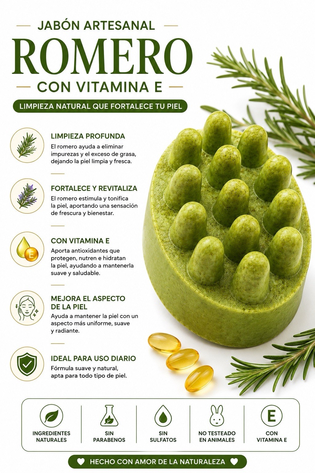 Rosemary & Vitamin E Body Bar Soap Green Oval Solid All Natural Cruelty-Free