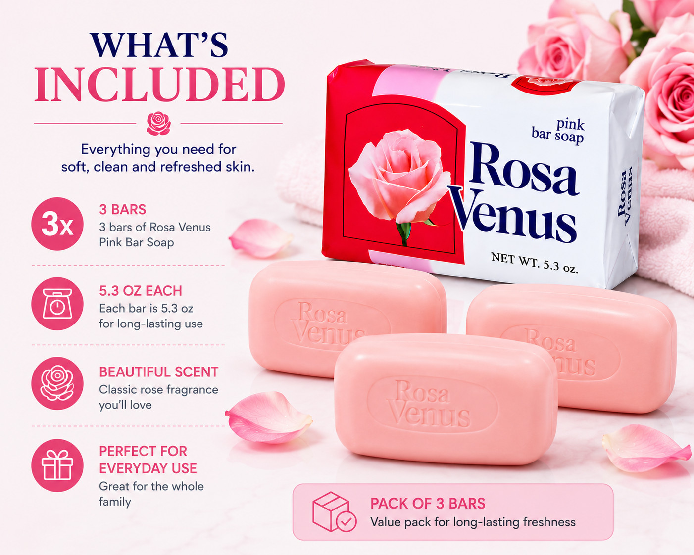 Rosa Venus Pink Bar Soap 5.3 oz Pack of 3 Gentle Cleansing Rose Scent