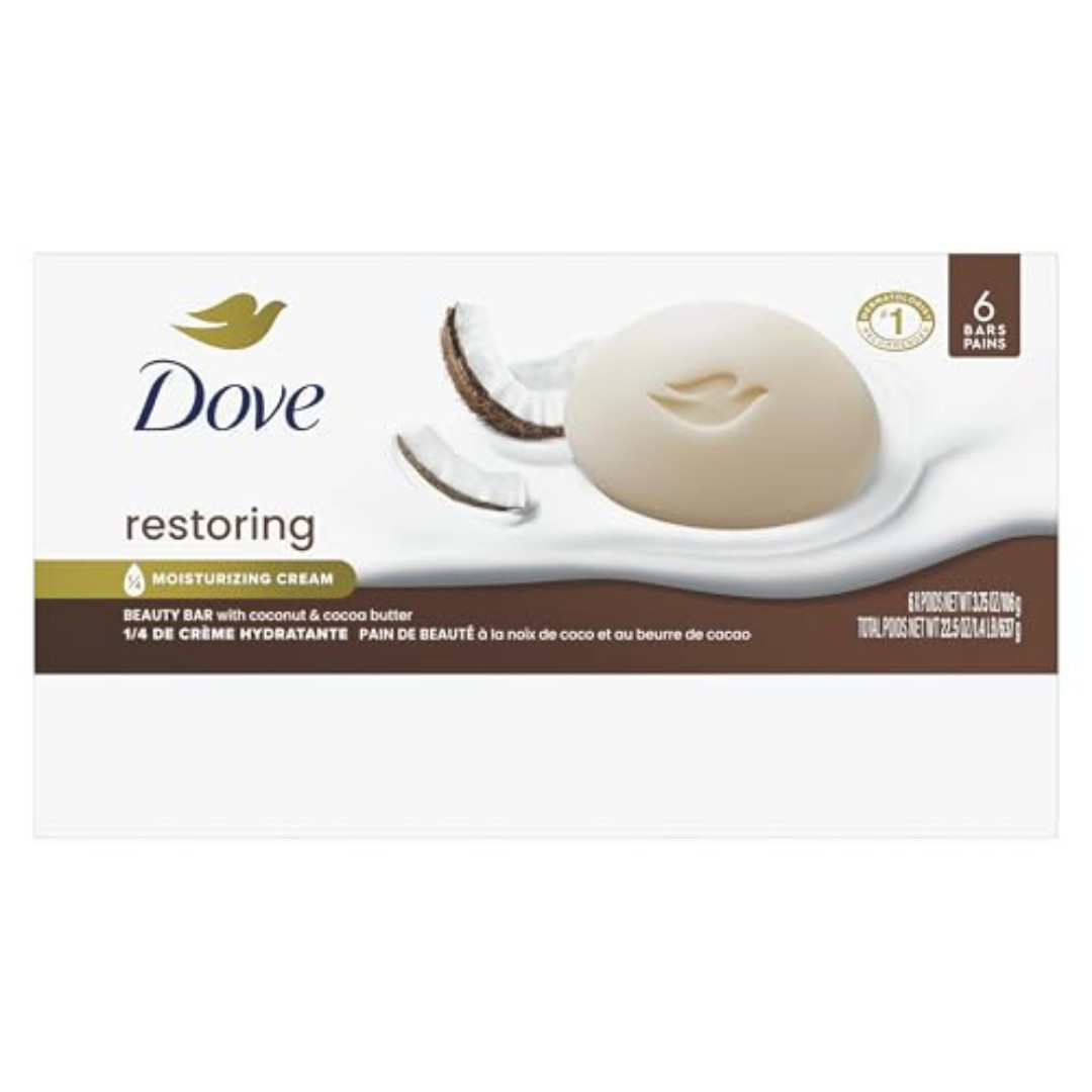 Dove Beauty Bar Soap Restoring Coconut & Cocoa Butter 6 Count for Restored Skin,