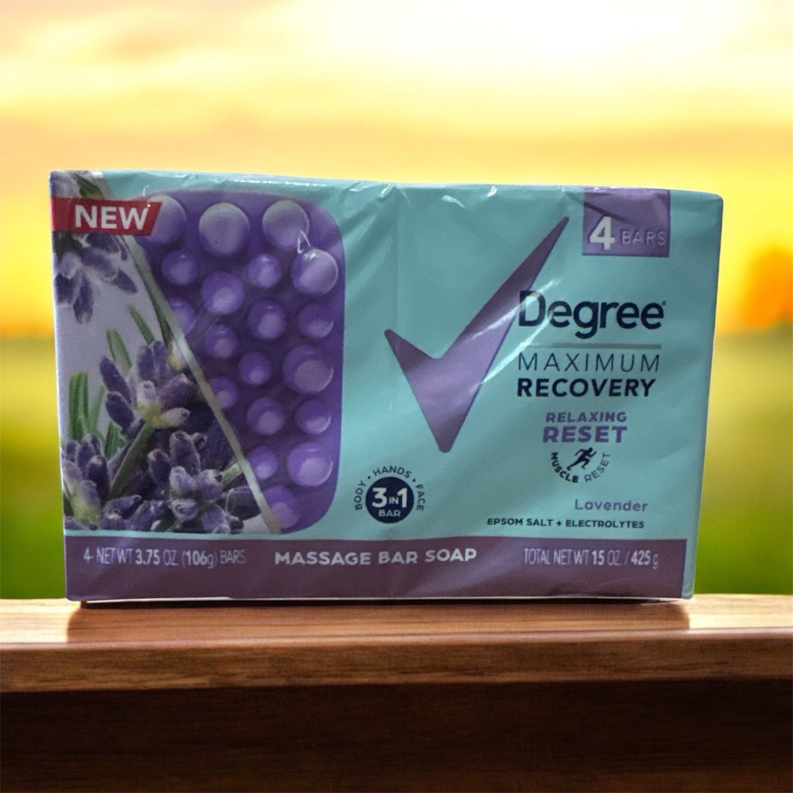 4 Bars Degree Maximum Recovery 3-in-1 Soap Bar Epsom Salt + Lavender 3.75 OZ