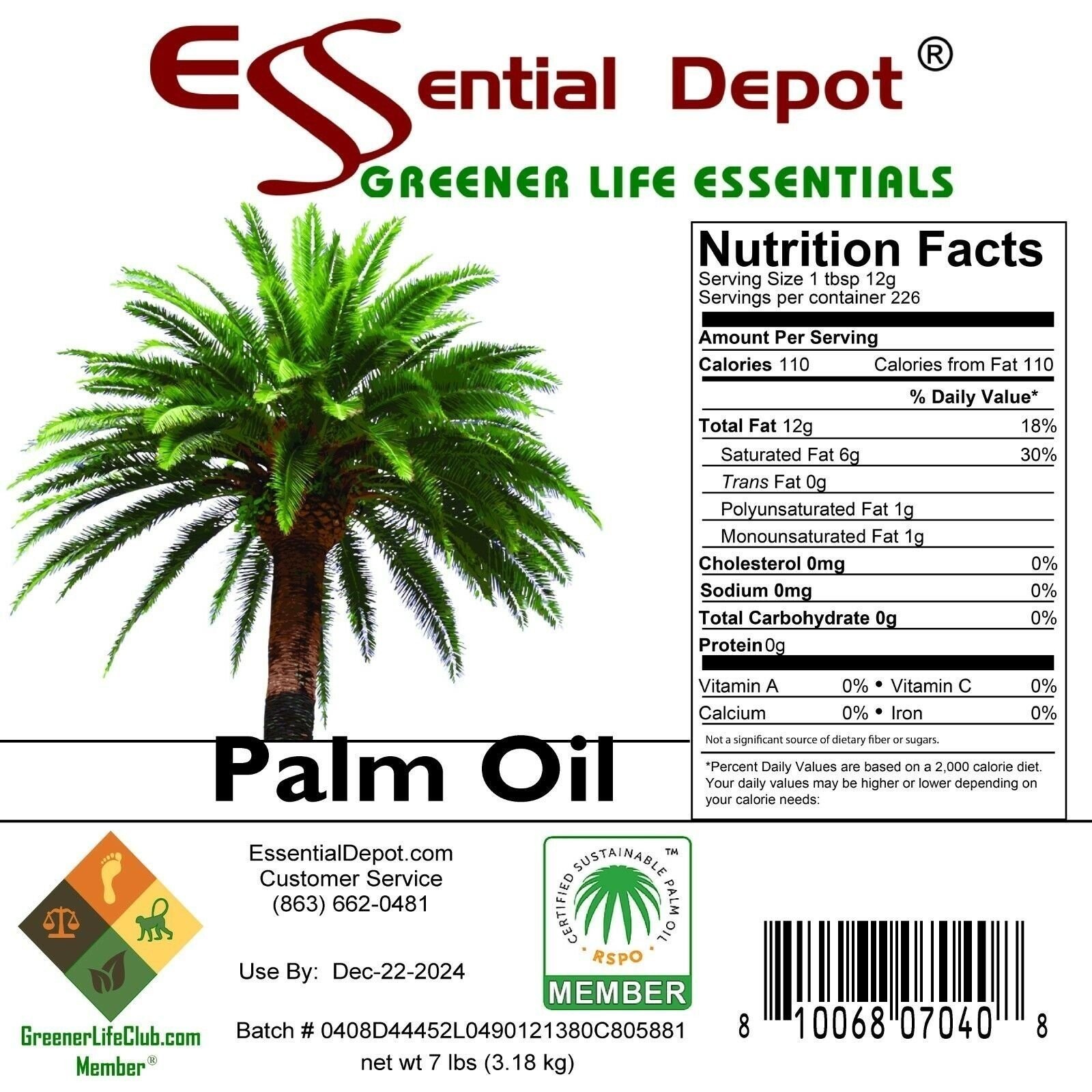 Palm Oil – RSPO, Food Safe – 7lb – Greener Life Club Box