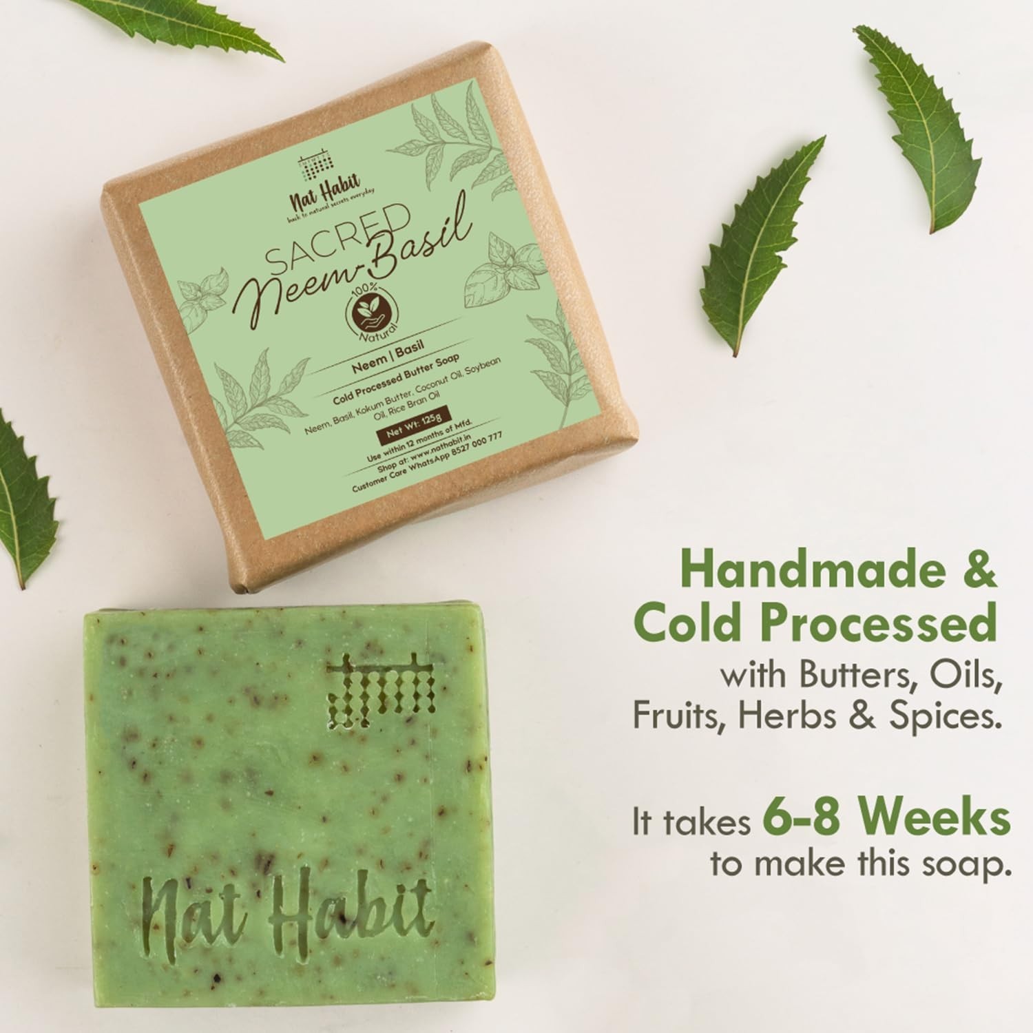 Nat Habit Neem Basil Butter Soap|Cold Processed Ayurvedic Soap with Neem Actives