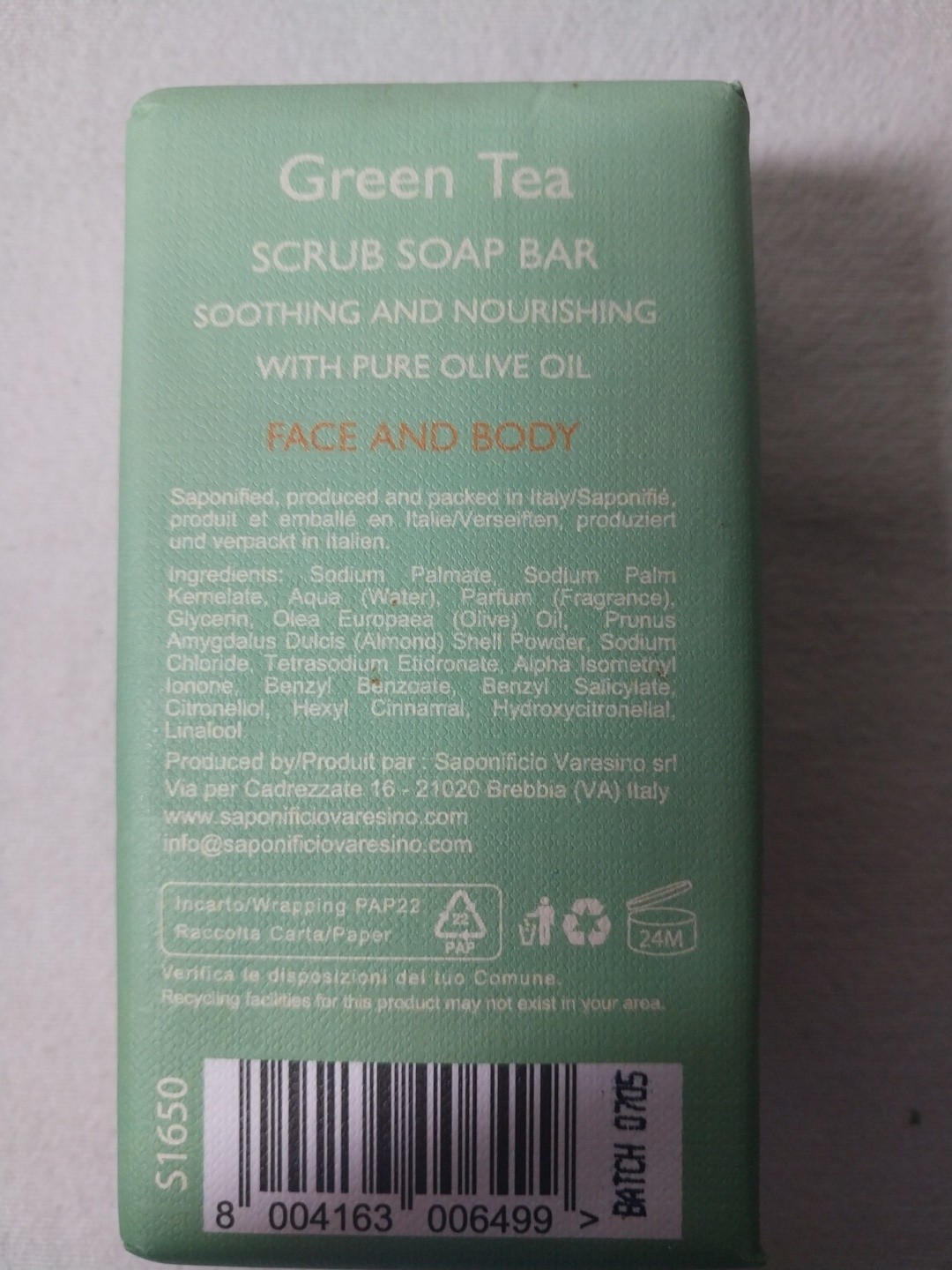 1PCS SAPONIFICIO VARESINO Face & Body Scrub Scented Soap Bar GREEN TEA 10.5 Oz