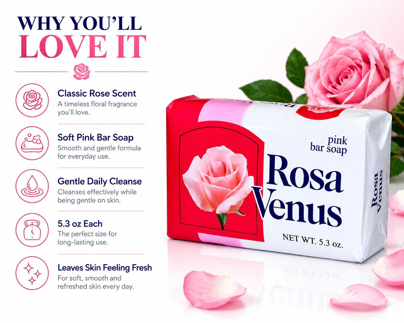 Rosa Venus Pink Bar Soap 5.3 oz Pack of 3 Gentle Cleansing Rose Scent