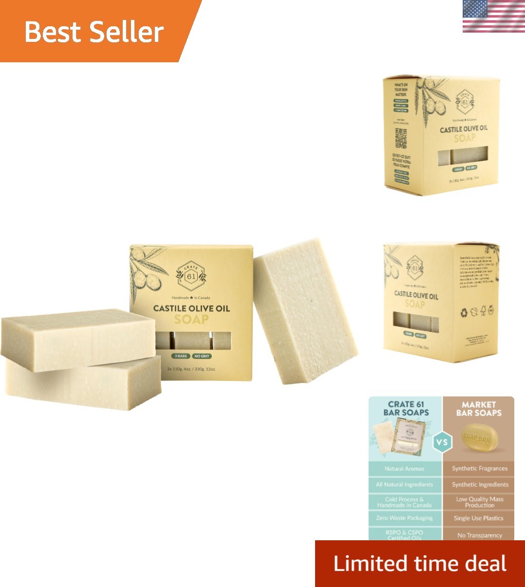 Eco-Friendly Unscented Bar Soap – Handmade in Canada, 3-Pack Essential Oils