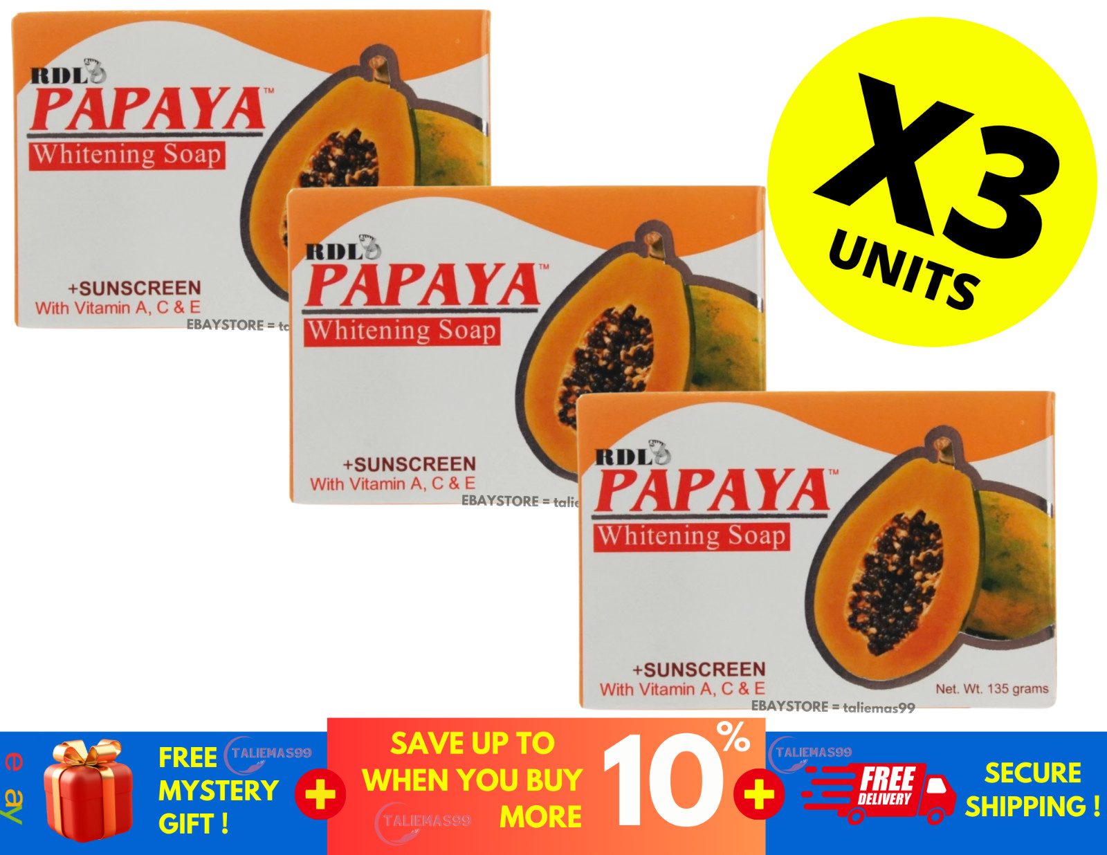 RDL Papaya Whitening Soap Sunscreen With Vitamin A C & E 135g ( X 3 )