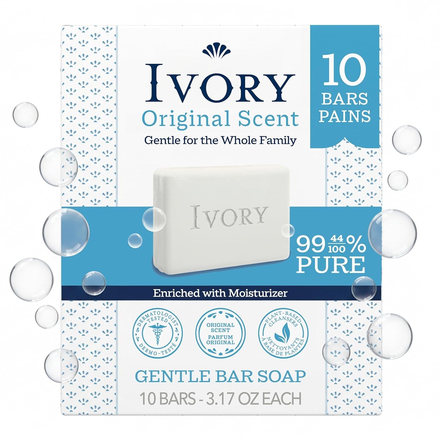 Ivory Gentle Bath Bar Soap 10 Pack 3.17Oz Original Scent Pure Plant-Based.