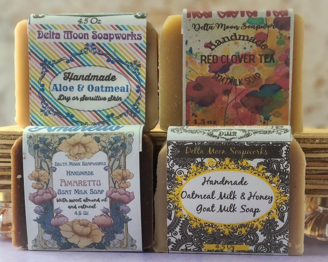 Four Handmade Oatmeal Goat Milk Soaps, natural cold process soap, + samples