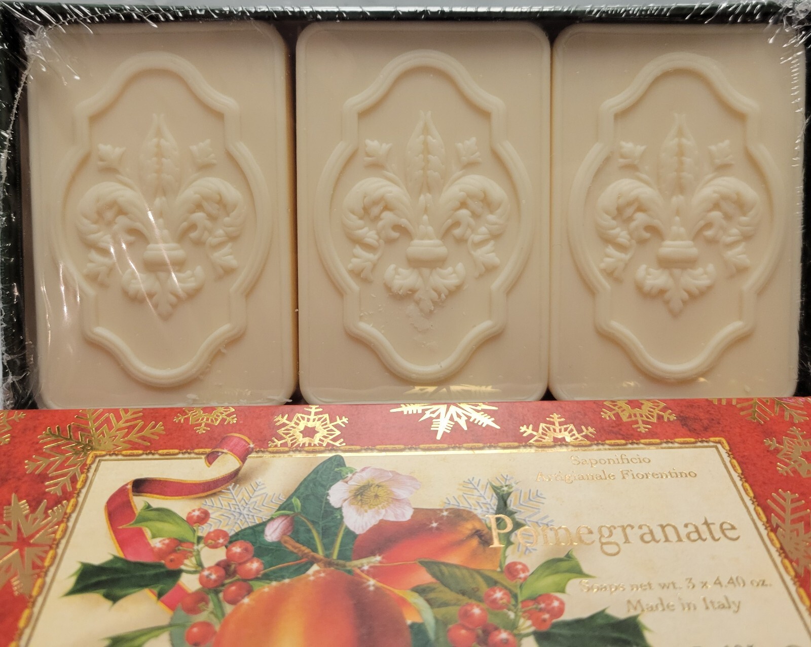 2x Saponificio SAF 3pk Pomegranate Scented Bar Soap 4.4 Oz Christmas Box Tuscany