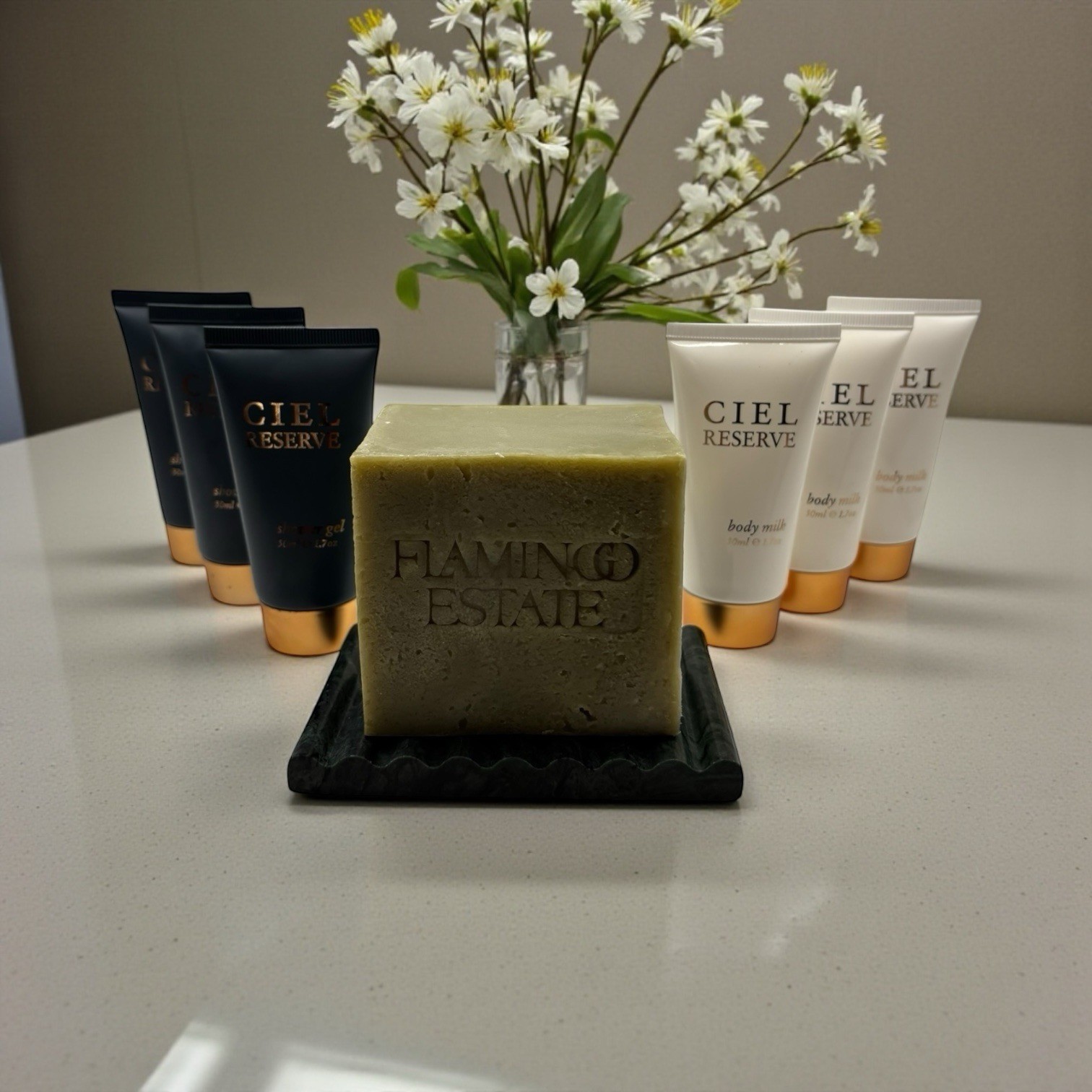 Flamingo Estate Green Leaf Organic Soap Brick with Verde Indio Green Marble Dish