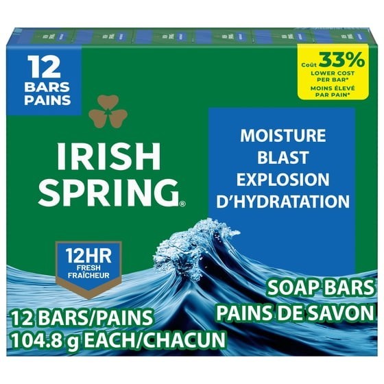 4 Pack Irish Spring Moisture Blast Bar Soap Men 12 Bars 3.7 oz Deodorant Soap