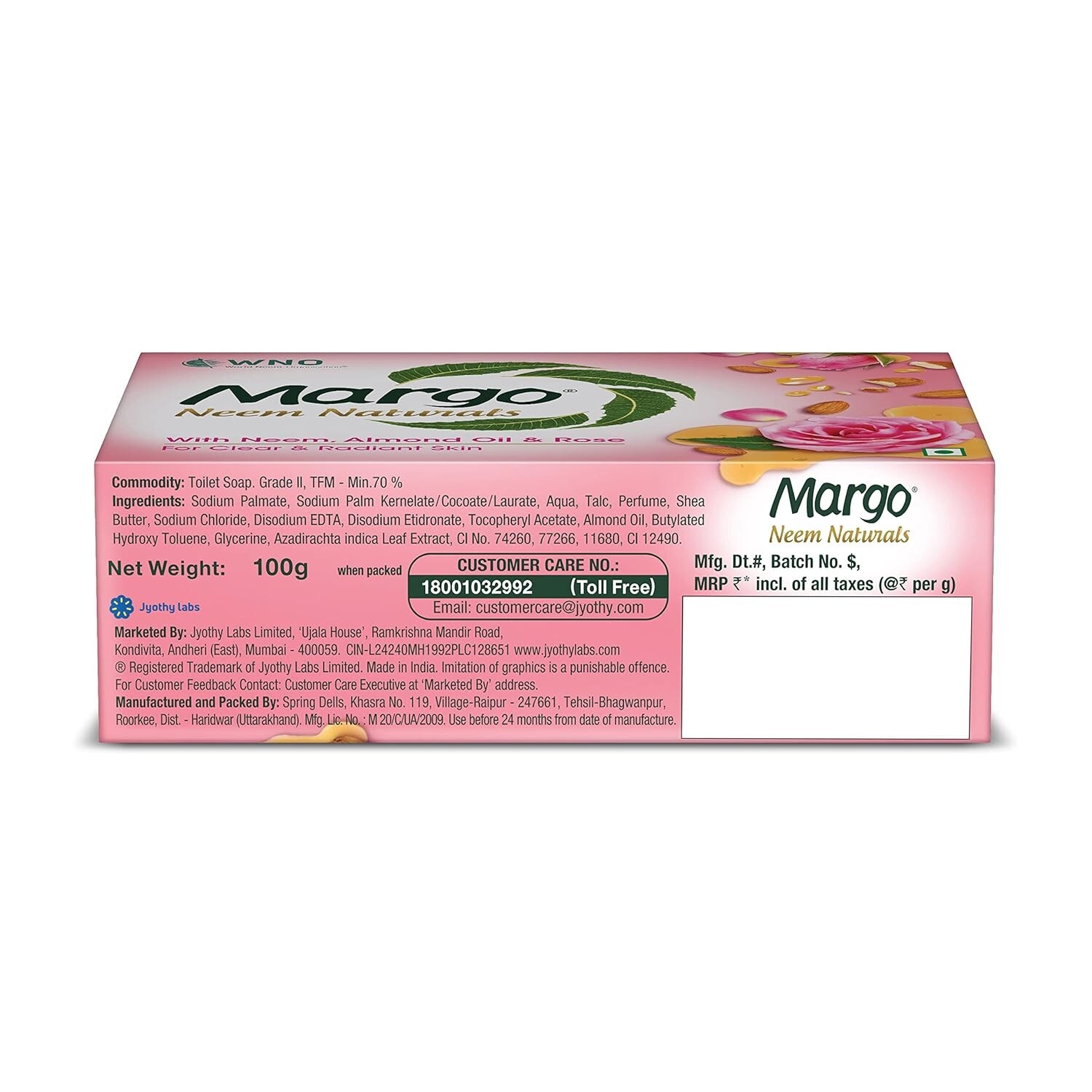 Margo Soap with Neem, Almond Oil & Rose | 500 Gram ( Pack of 5 Soap),