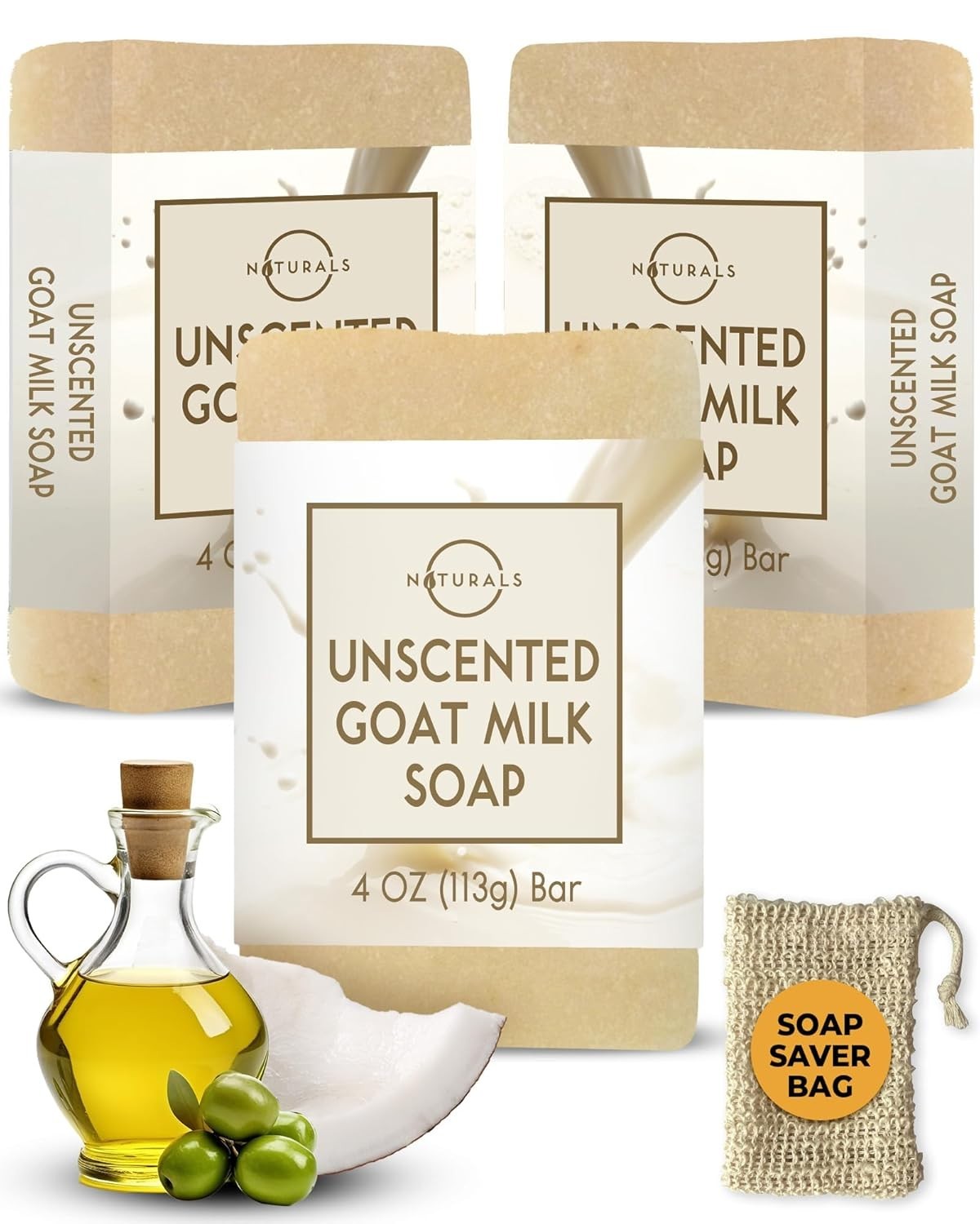 3-Pcs Goat Milk Soap with Soap Saver Bag – Unscented, Triple-Milled, Nourishi…
