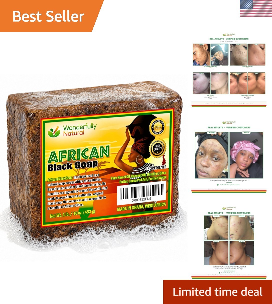 Unscented Organic African Black Soap – Fights Acne & Brightens Skin Tone