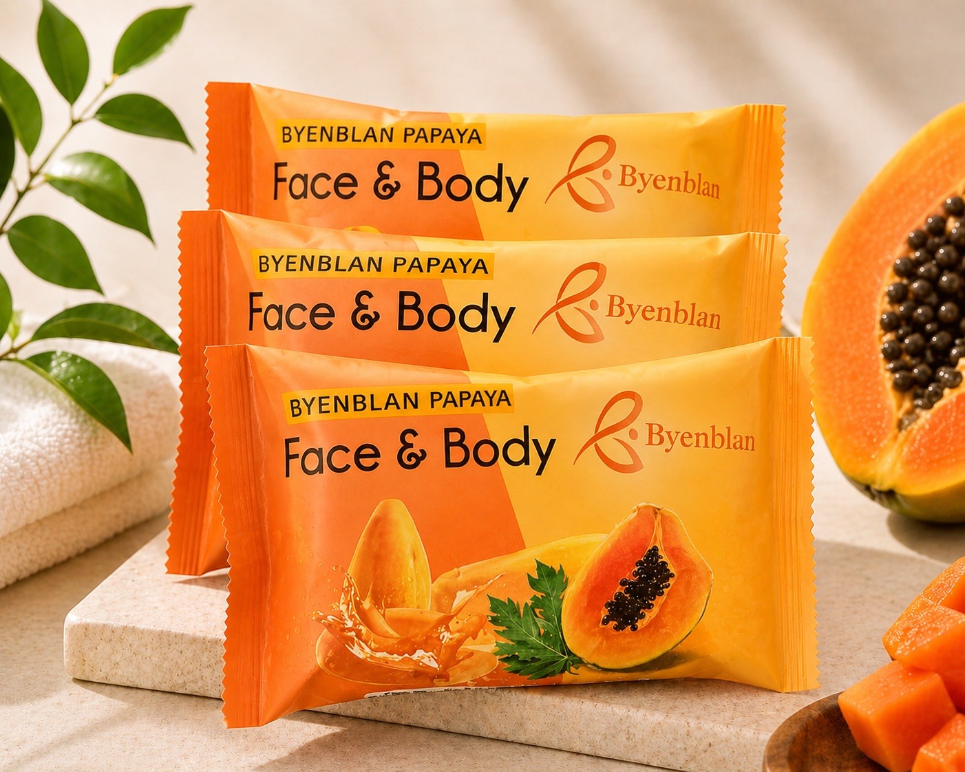 Byenblan 3pieces Papaya Face & Body Soap Bar Orange Unisex Fruit Scent