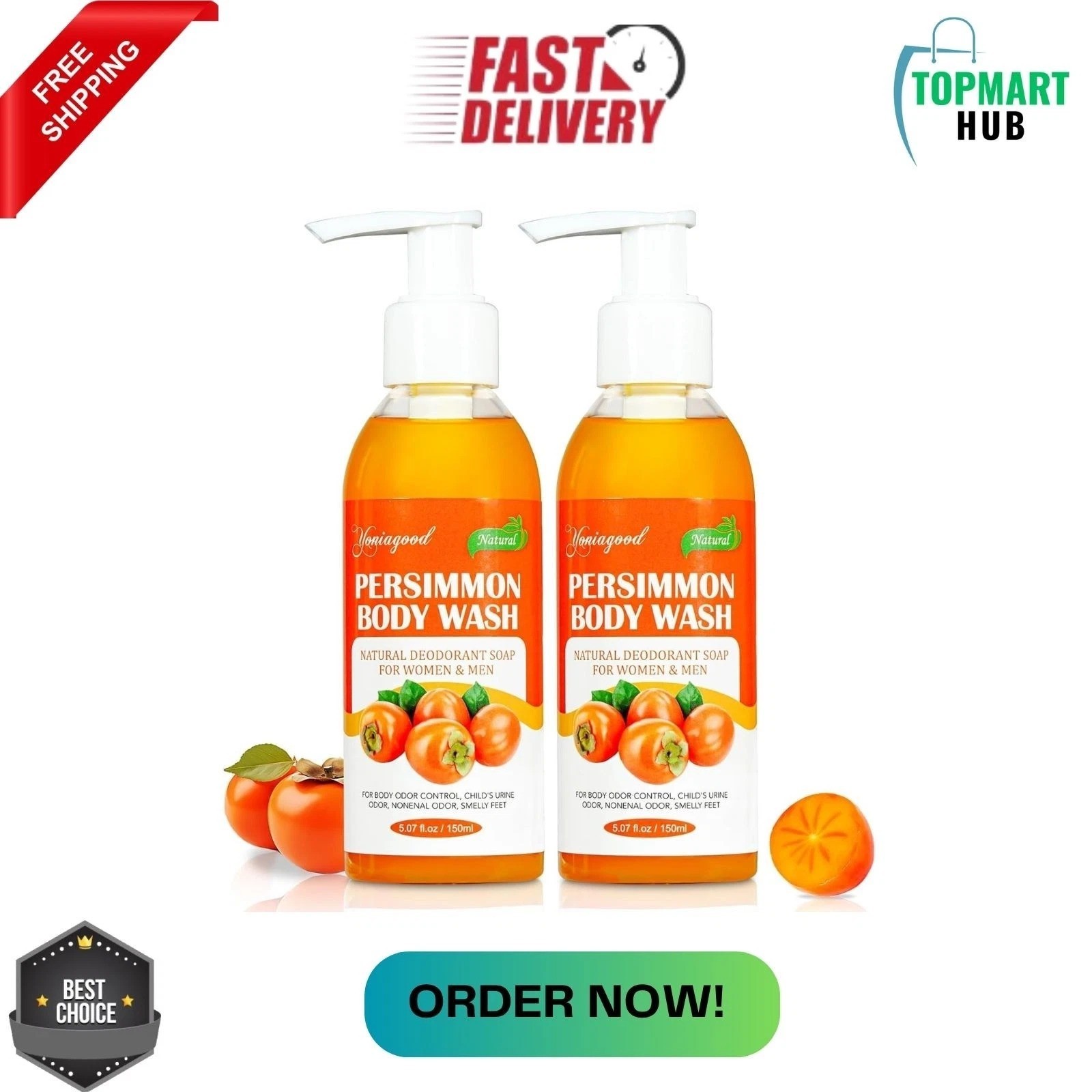 2 PCS Persimmon Body Wash for Strong Odor Control, Natural Persimmon Soap Bar Ol