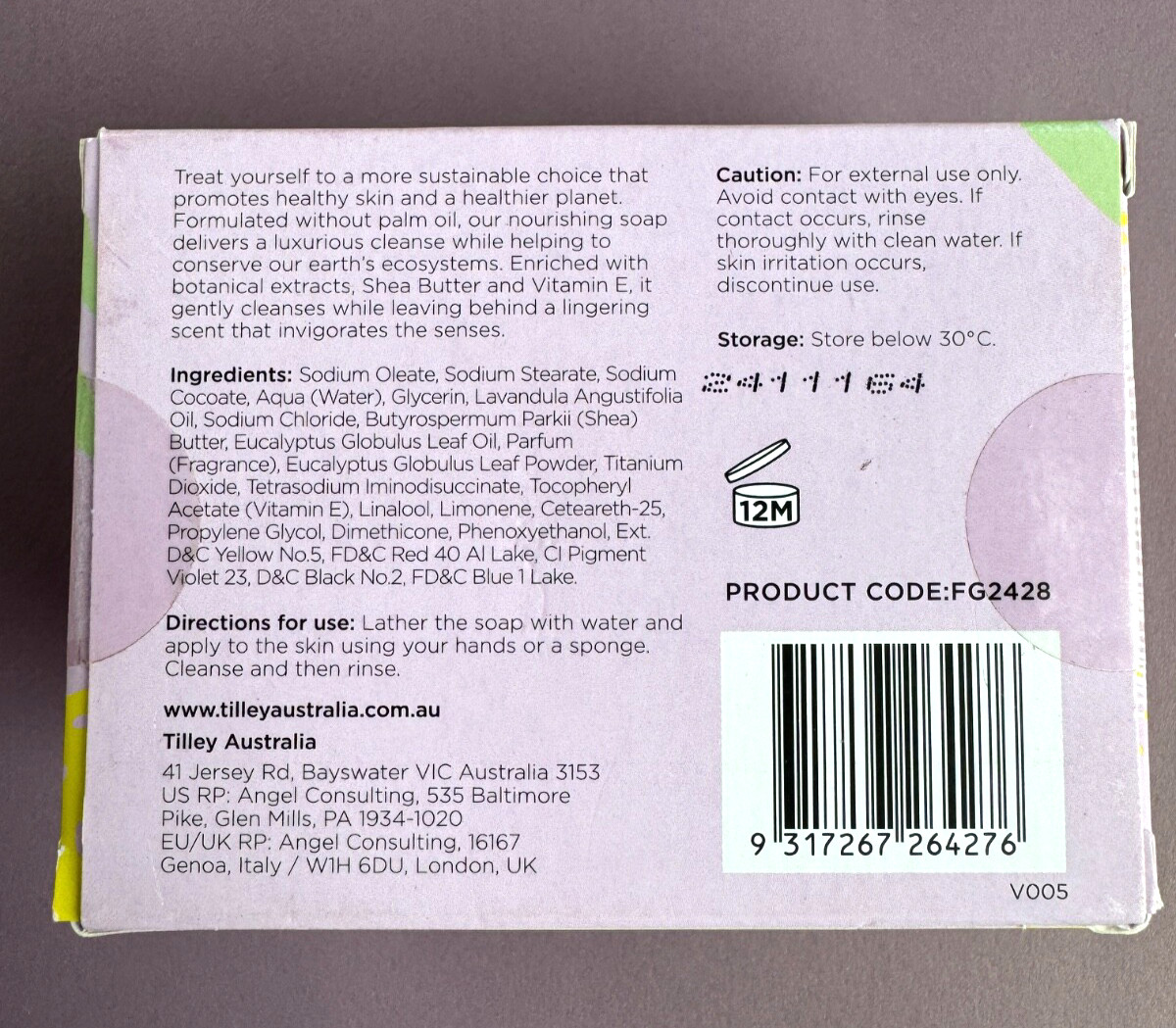 Tilley Australia Palm Free Eucalyptus & Lavender Bar Soap Duo 2 x 250 gm/8.8 oz