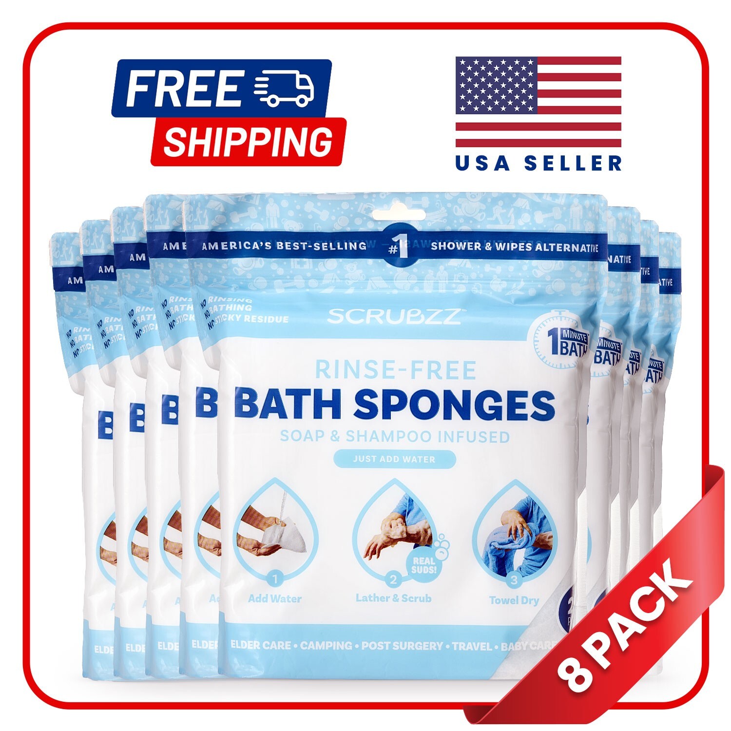 Scrubzz Disposable Rinse Free Bathing Sponges – Unscented, 200 Count