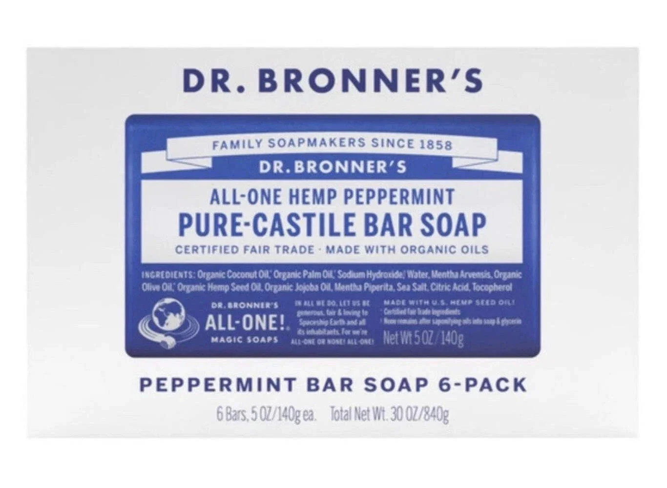 Dr. Bronner’s Peppermint Castile Magic Bar Soap 5oz 6-Pack NEW